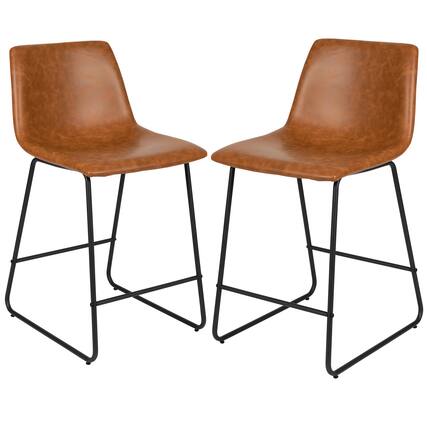 Front. Alamont Home - Reagan Set of 2 Kitchen Counter Height Stool - 24 Inch Light Brown LeatherSoft Barstool - Light Brown.