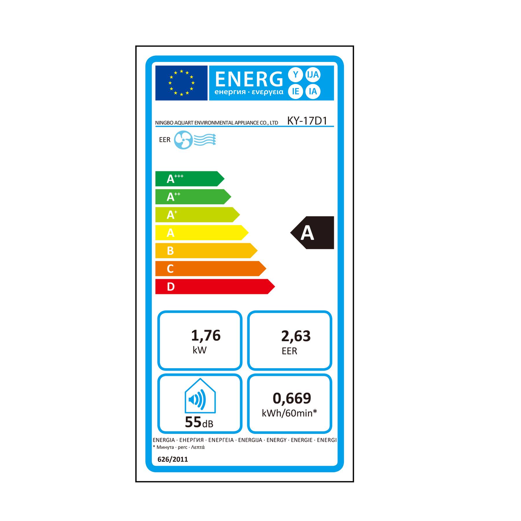 NINGBO AQUART ENVIRONMENTAL APPLIANCE CO., LTD  
KY-17D1  

ENERGY LABEL  
EVI IE IA  

EER  
A  

1,76 kW  
2,63 EER  
0,669 kWh/60min*  

55 dB  

ENERGIA - ENERGIE - ENERGIE - ENERGIA - ENERGIE - ENERGIE  
626/2011