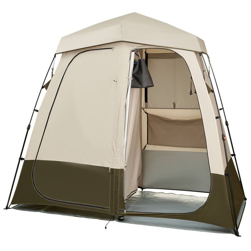 Left. HTUTWOO - Camping Shower Tent-2-Room Foldable Privacy Changing Tent,150D Oxford Silver Coating with Crossbar,Ground Stakes, Ropes - Khaki.