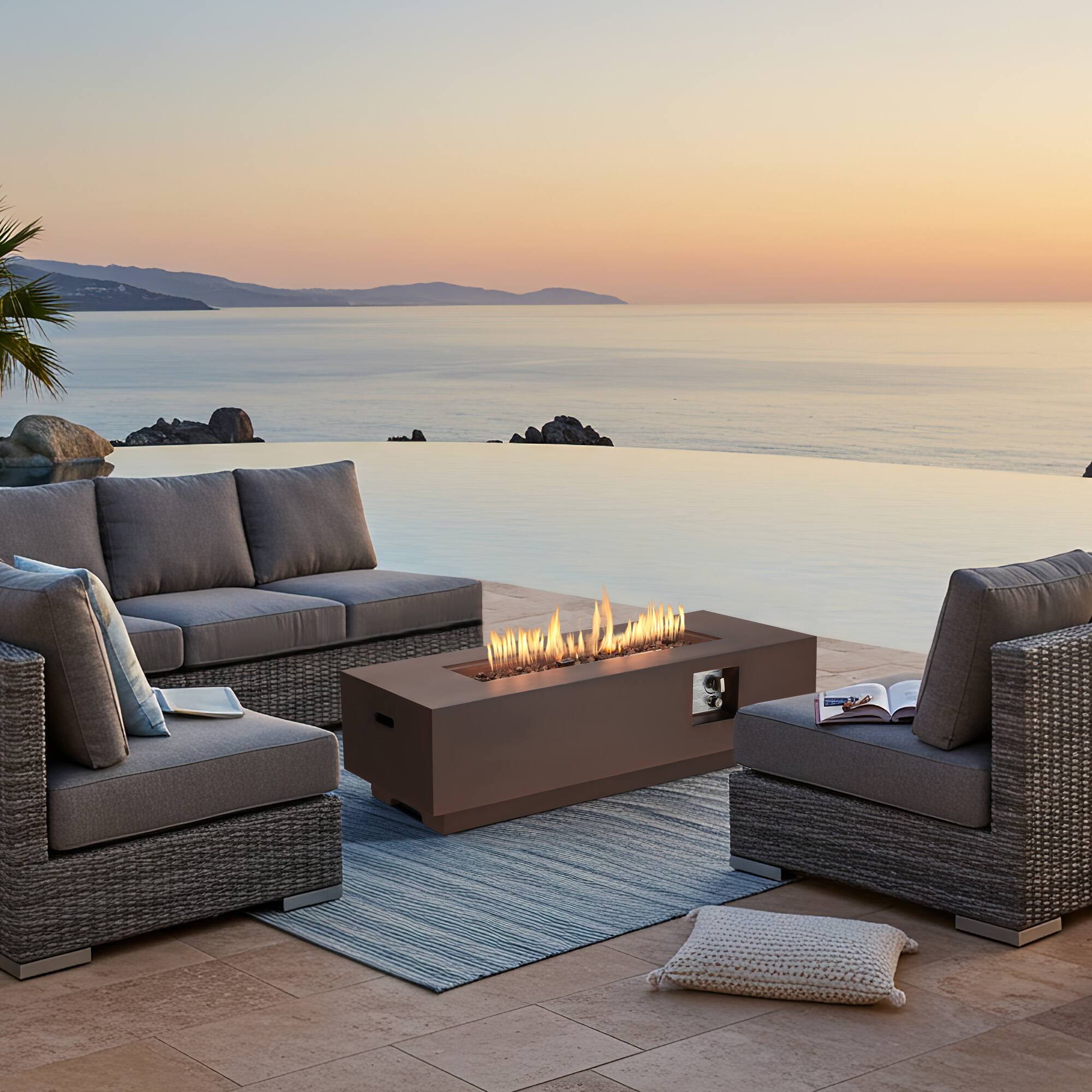 Angle. U-HOMY - Modern Rectangle Propane Fire Pit Table, 50000 BTU Outdoor Gas Fire Table for Patio, Backyard & Deck.