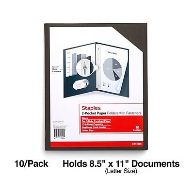 Staples 2-Pocket Paper Folders with Fasteners  
10/Pack  
Holds 8.5" x 11" Documents (Letter Size)  
135-Sheet Capacity  
Business Card Holder  
10 Folders  
S713384