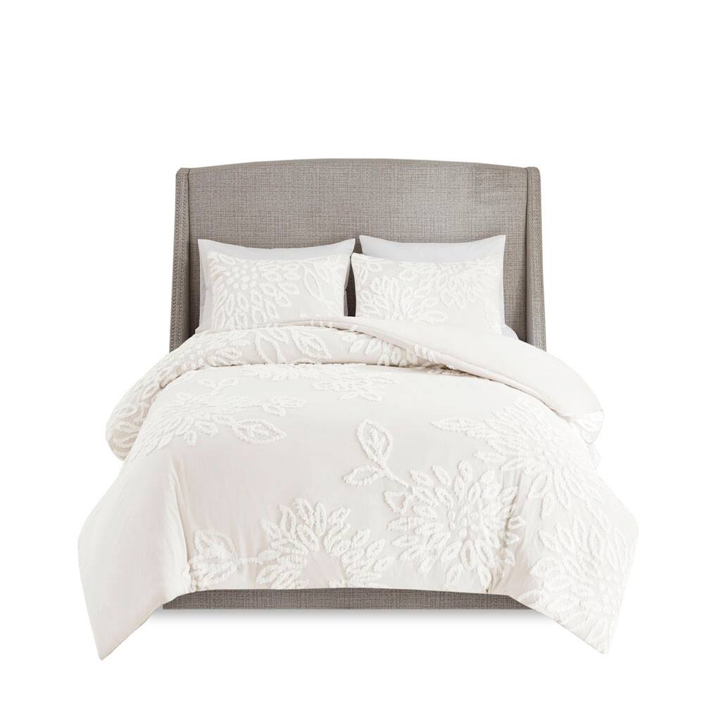 Front. Gracie Mills - Gracie Mills Anita 3-Piece Farmhouse Tufted Cotton Chenille Floral Comforter Set - Off-White.