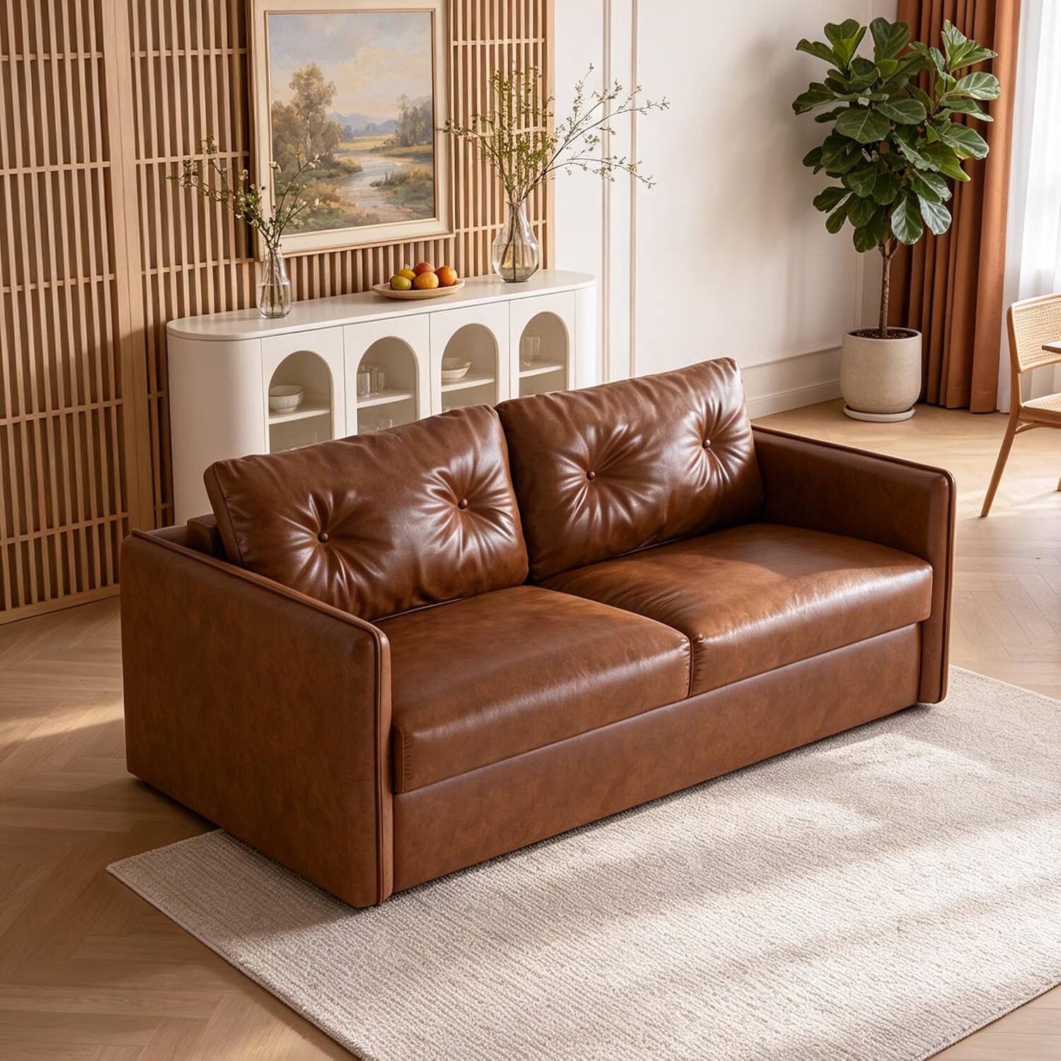 Alt View 5. luck idea - 63" Modern Sleeper Sofa Bed, Oil Wax Leather Couch with High-Density Foam Cushions (Mattress Included) - brown.