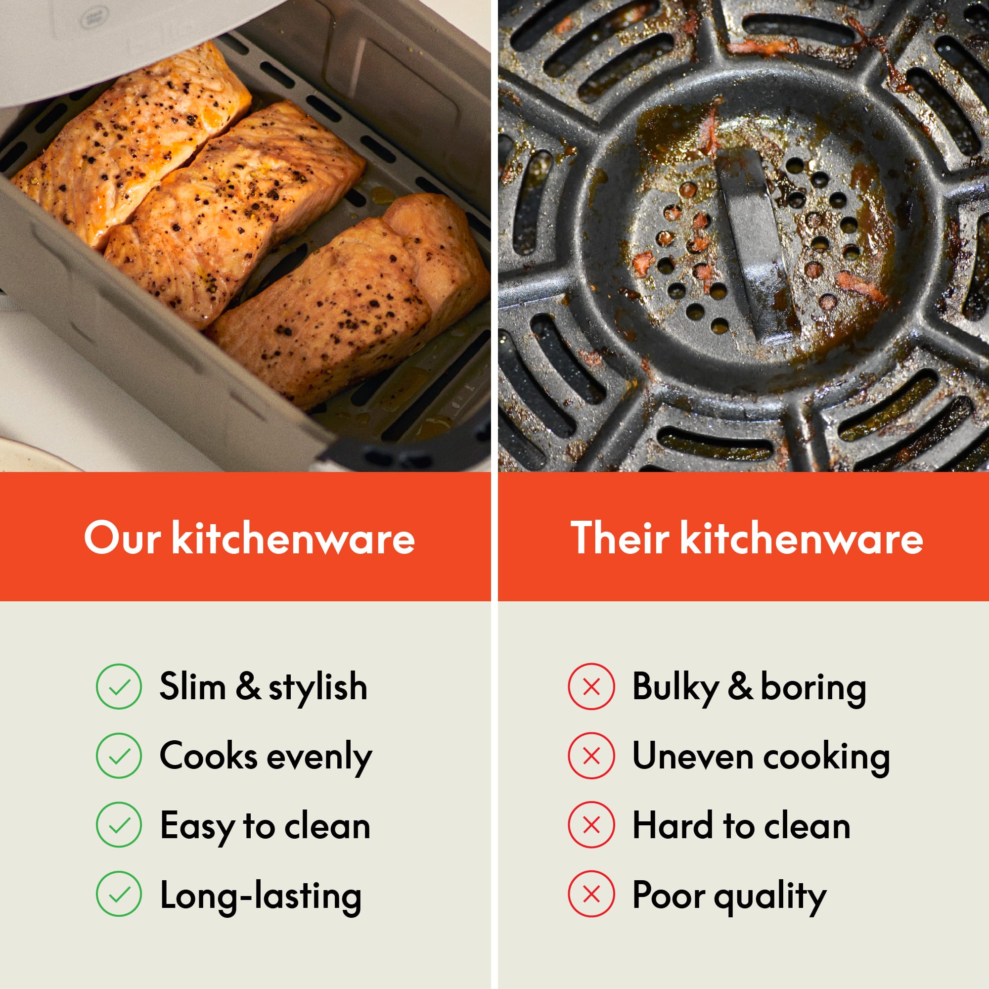 Our kitchenware
- Slim & stylish
- Cooks evenly
- Easy to clean
- Long-lasting
Their kitchenware
- Bulky & boring
- Uneven cooking
- Hard to clean
- Poor quality