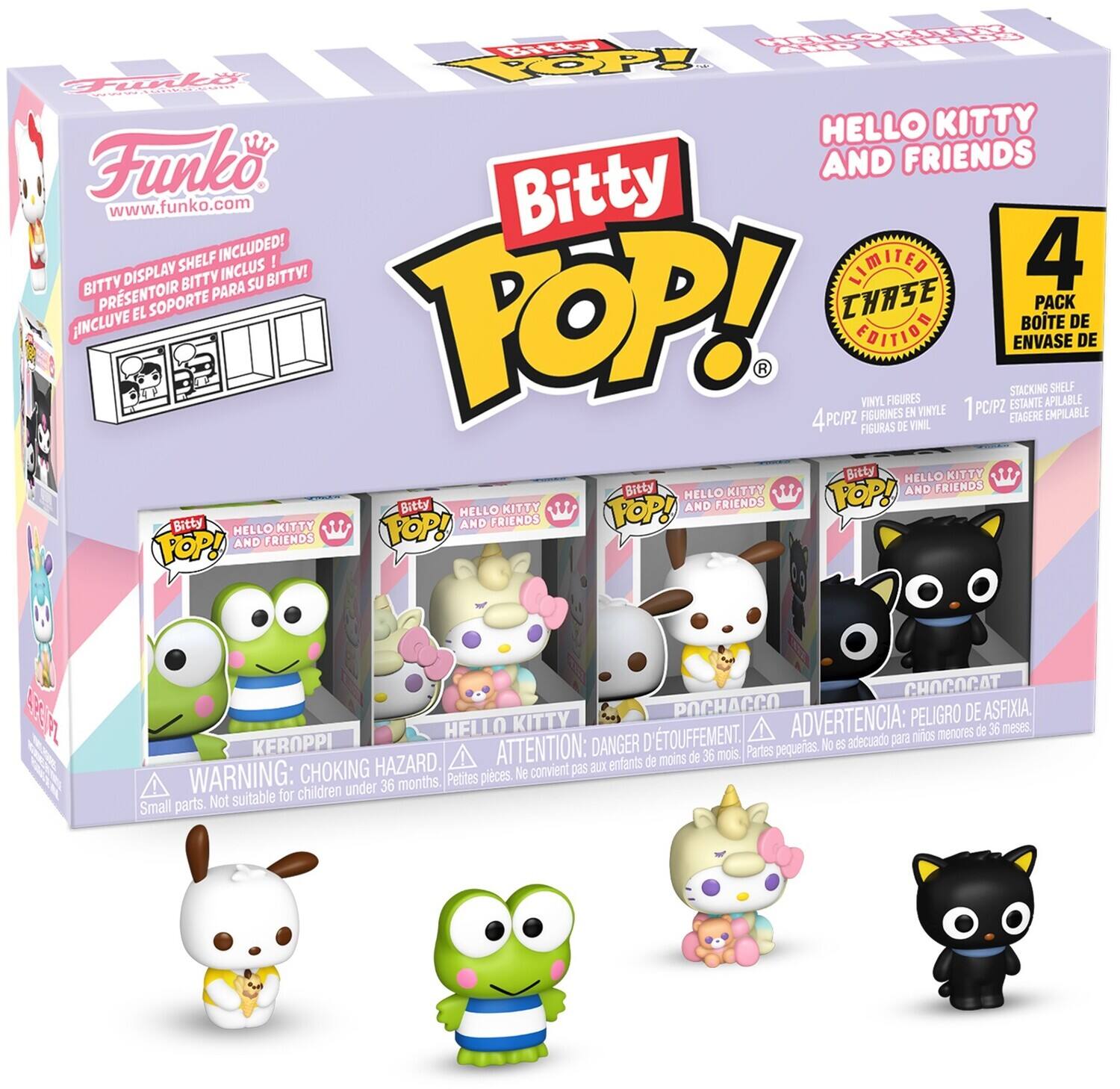 Sure, here is the corrected and grouped text from the image:

---

**Funko**  
www.funko.com

**Bitty POP!**  
HELLO KITTY AND FRIENDS

**LIMITED EDITION**  
4 PACK  
BOTE DE ENVASE DE 4 PC/PZ  
VINYL FIGURES  
FIGURINES EN VINYLE  
1 PC/PZ  
ETAGERE FIGURAS DE VINIL  
1 PC/PZ  
STACKING SHELF  
ESTANTE DE APILABLE  
SOPORTE TOP!  
JINCLUVE BOTE DE EDITION ENVASE DE STACKING SHELF  
1 VINTL FISURES  
ESTANTE APILABLE  
FISURINES EN VINYLE  
1 PC/PZ  
ETAGERE FIGURAS DE VINIL

**BITTY DISPLAY SHELF INCLUDED!**  
PRESENTADOR BITTY INCLUS!  
INCLUIVE EL SOPORTE PARA SU BITTY!  
JINCLUVE BOTE DE EDITION ENVASE DE STACKING SHELF  
1 VINTL FISURES  
ESTANTE APILABLE  
FISURINES EN VINYLE  
1 PC/PZ  
ETAGERE FIGURAS DE VINIL

**