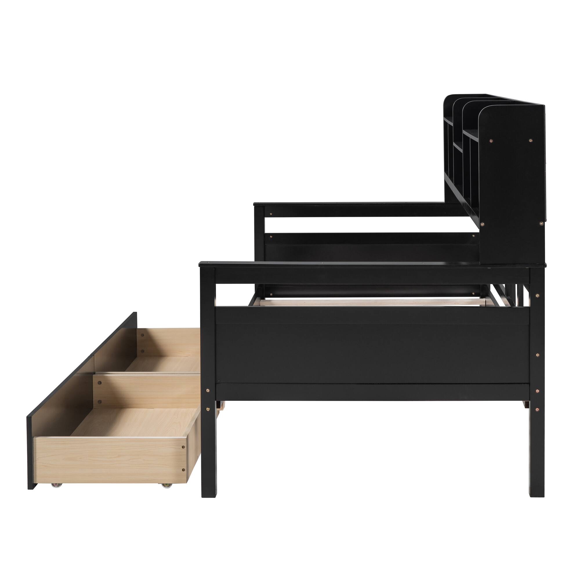 Alt View 1. Aukfa - Twin size Daybed, Wood Slat Support, with Bedside Shelves and Two Drawers - Espresso.