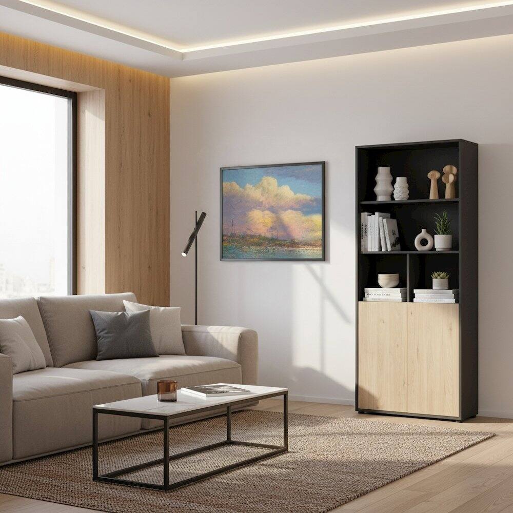 Left. FurniFact - 6-Shelf Bookshelf with 2 Doors for Office, Bedroom, or Living Room - Gray.