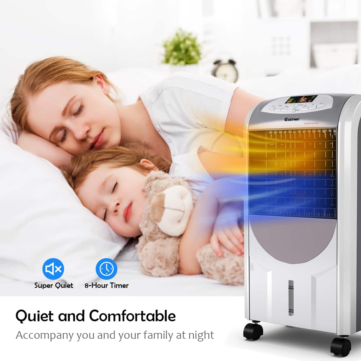 The text on the image reads: "Quiet and Comfortable Accompany you and your family at night. Super Quiet 8-Hour Timer."