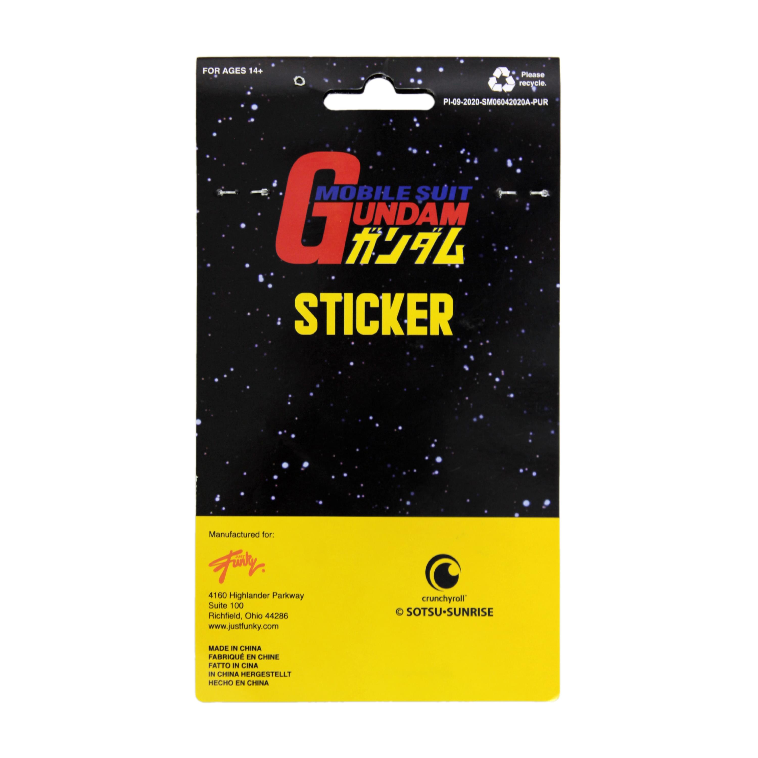 FOR AGES 14+  
Please recycle.  
P-09-2020-SM06042020A-PUR  

MOBILE SUIT GUNDAM  
STICKER  

Manufactured for:  
Fury  
4160 Highlander Parkway  
Suite 100  
Richfield, Ohio 44286  
www.justfunky.com  

crunchyroll  
© SOTSU-SUNRISE  

MADE IN CHINA  
FABRIQUÉ EN CHINE  
FATTO IN CINA  
HERGESTELLT IN CHINA  
HECHO EN CHINA