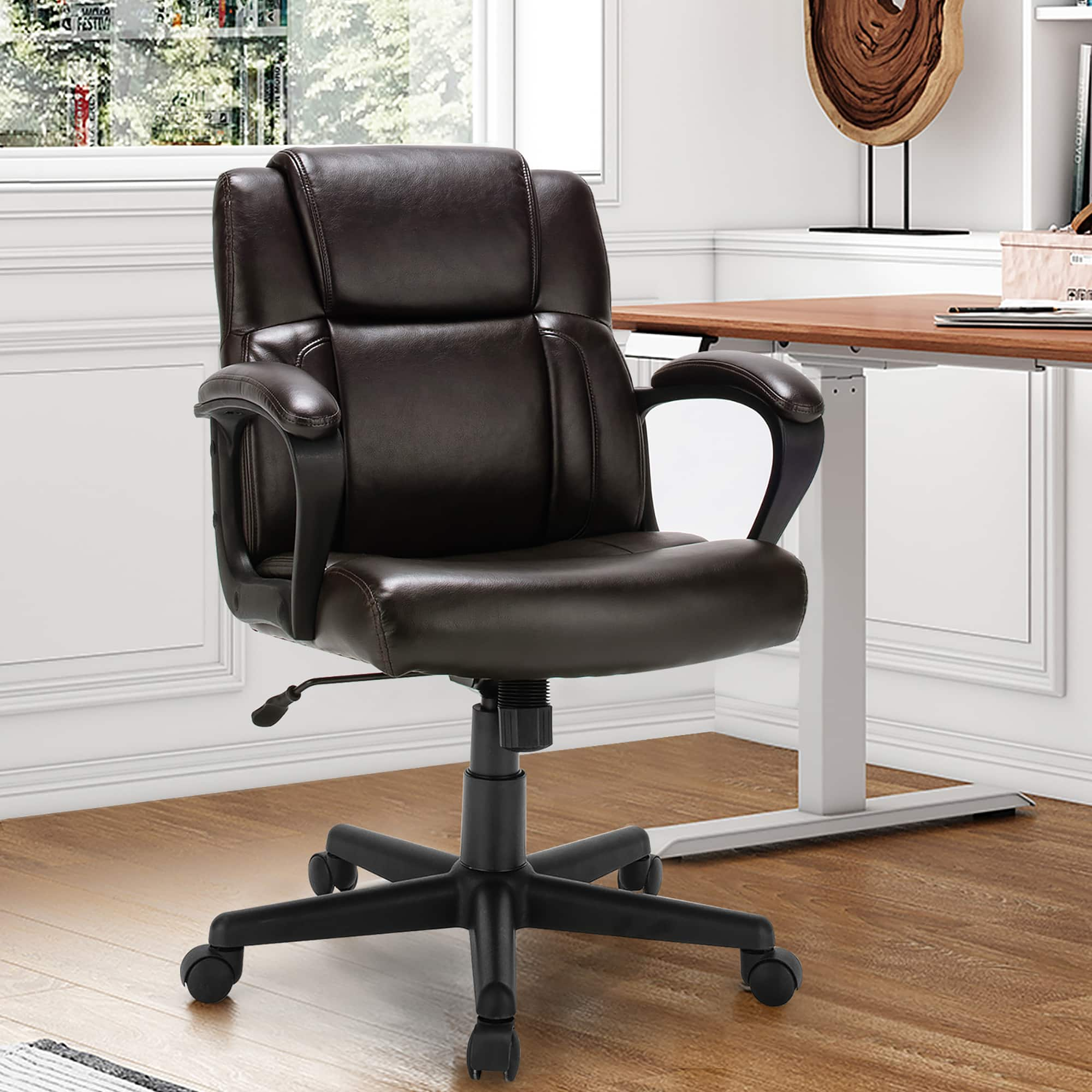 Costway Executive Leather Office Chair Adjustable Computer Desk Chair w Armrest Brown