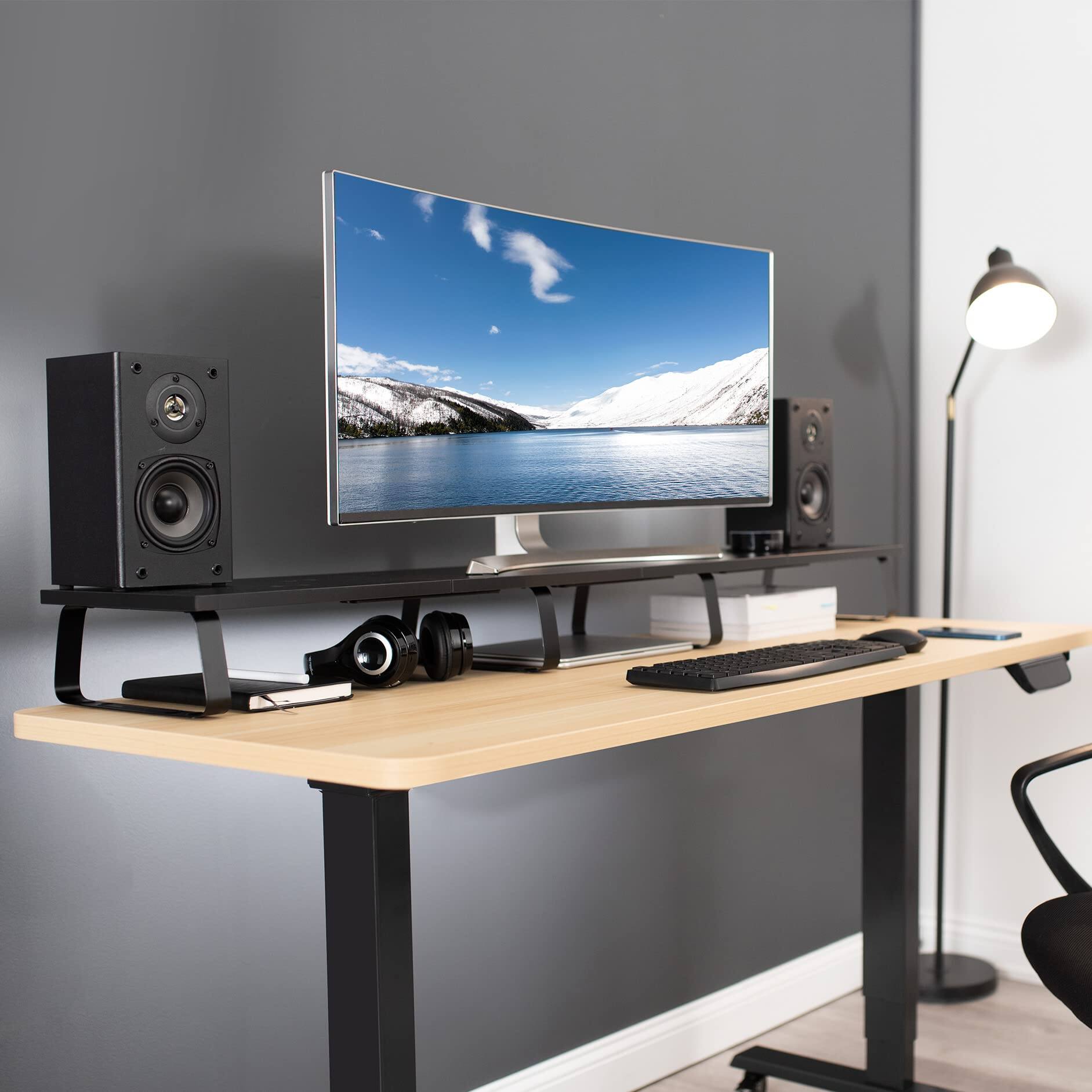 Alt View 1. Refined Abode Design - Extra Long Monitor Stand Wood & Steel Desktop Riser Multi Screen Tv Laptop Desk And Tabletop Organizer Stan - Default.