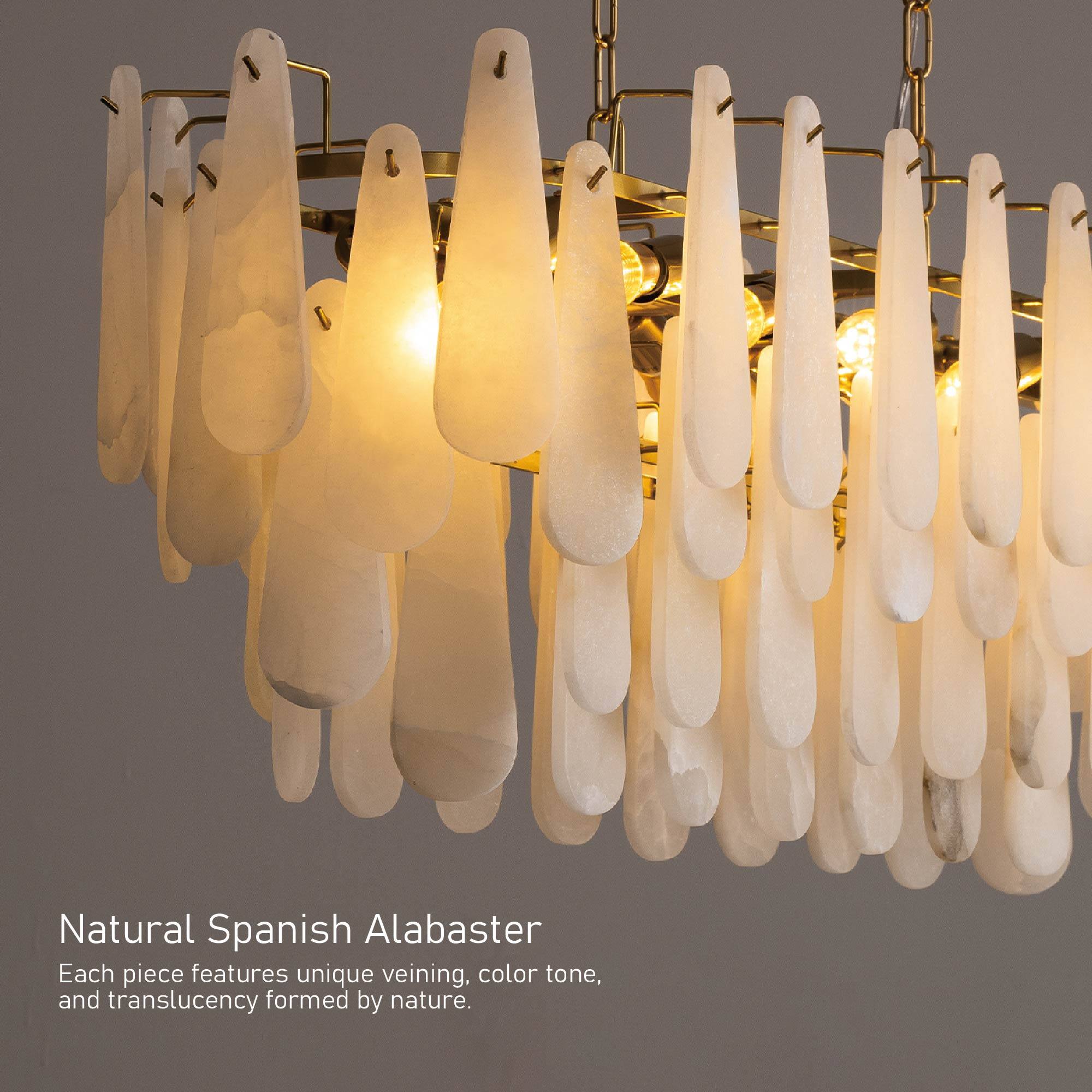 Natural Spanish Alabaster  
Each piece features unique veining, color tone, and translucency formed by nature.