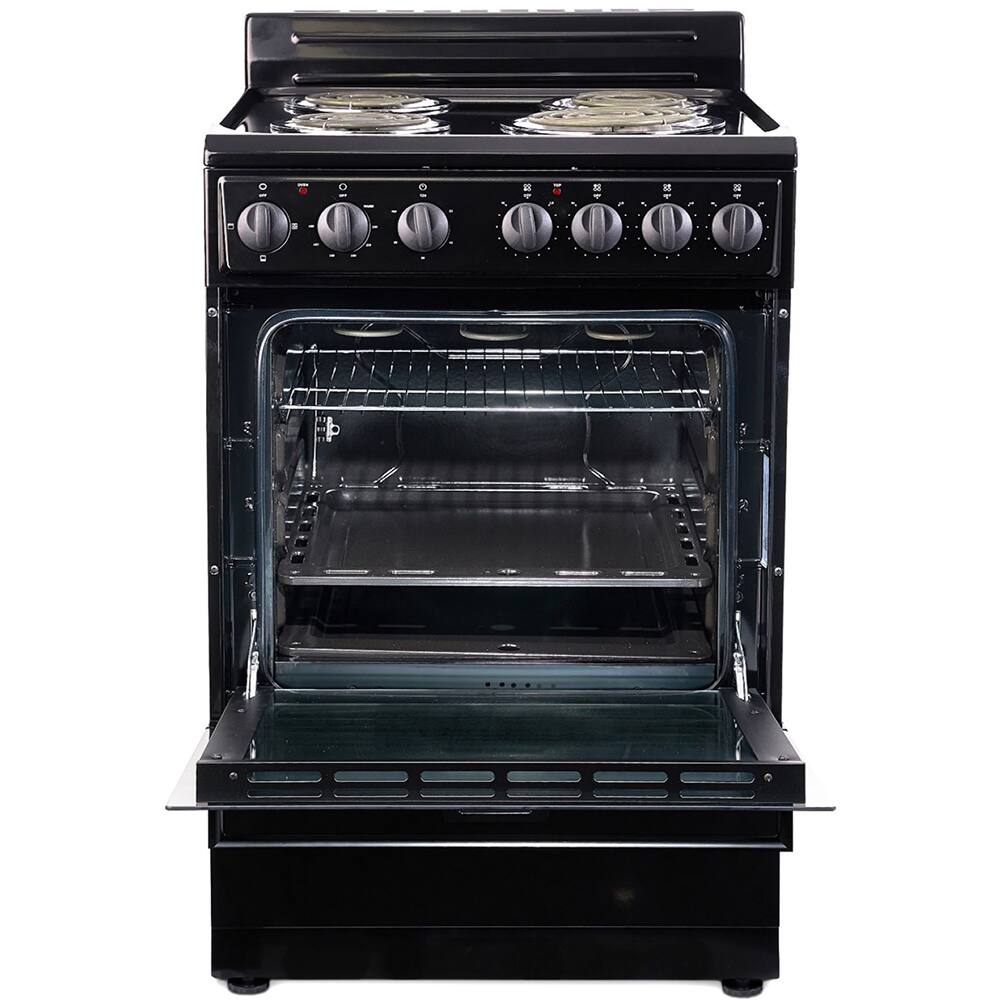 Left. Premium Levella - 2.7 CuFt Freestanding Electric Range in Black with 4 Coil Burners and Mirrored Glass Oven Door - Black.
