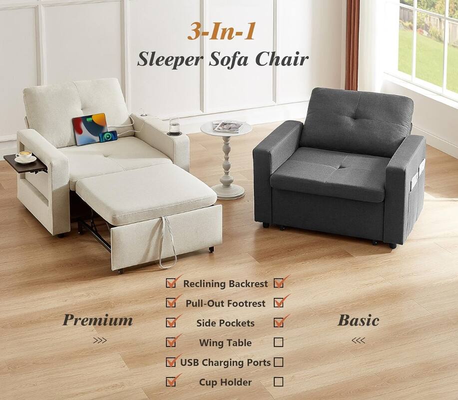 3-In-1 Sleeper Sofa Chair Reclining Backrest Premium Pull-Out Footrest Side Pockets Basic Wing Table USB Charging Ports Cup Holder