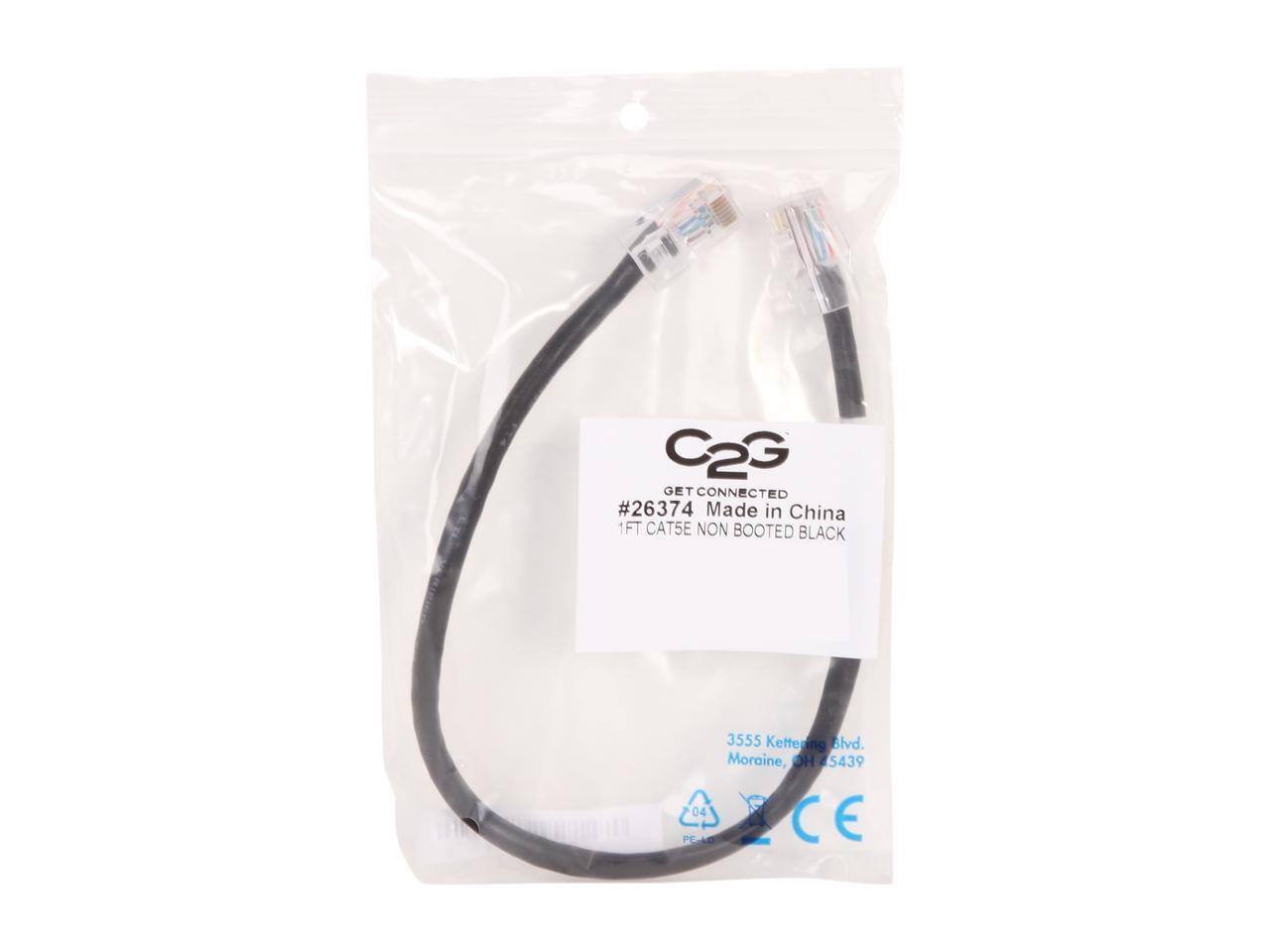 C2G GET CONNECTED  
#26374  
Made in China  
1FT CAT5E NON BOOTED BLACK  

3555 Kettering Blvd.  
Moraine, OH 45439  

PE-04  
CE