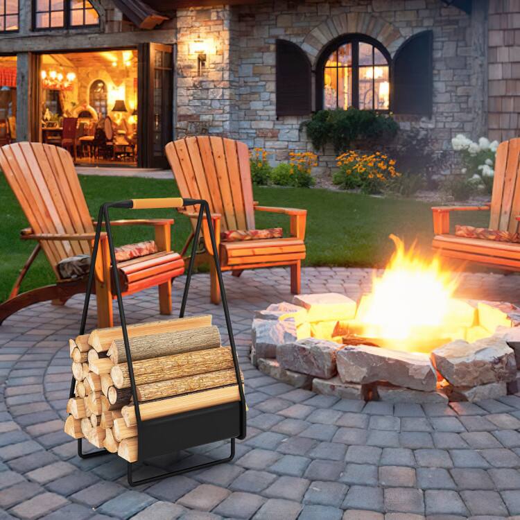 Back. Mondawe - Firewood Storage Rack Heavy-duty Metal Log Holder with Handle and Square Rack - Black.