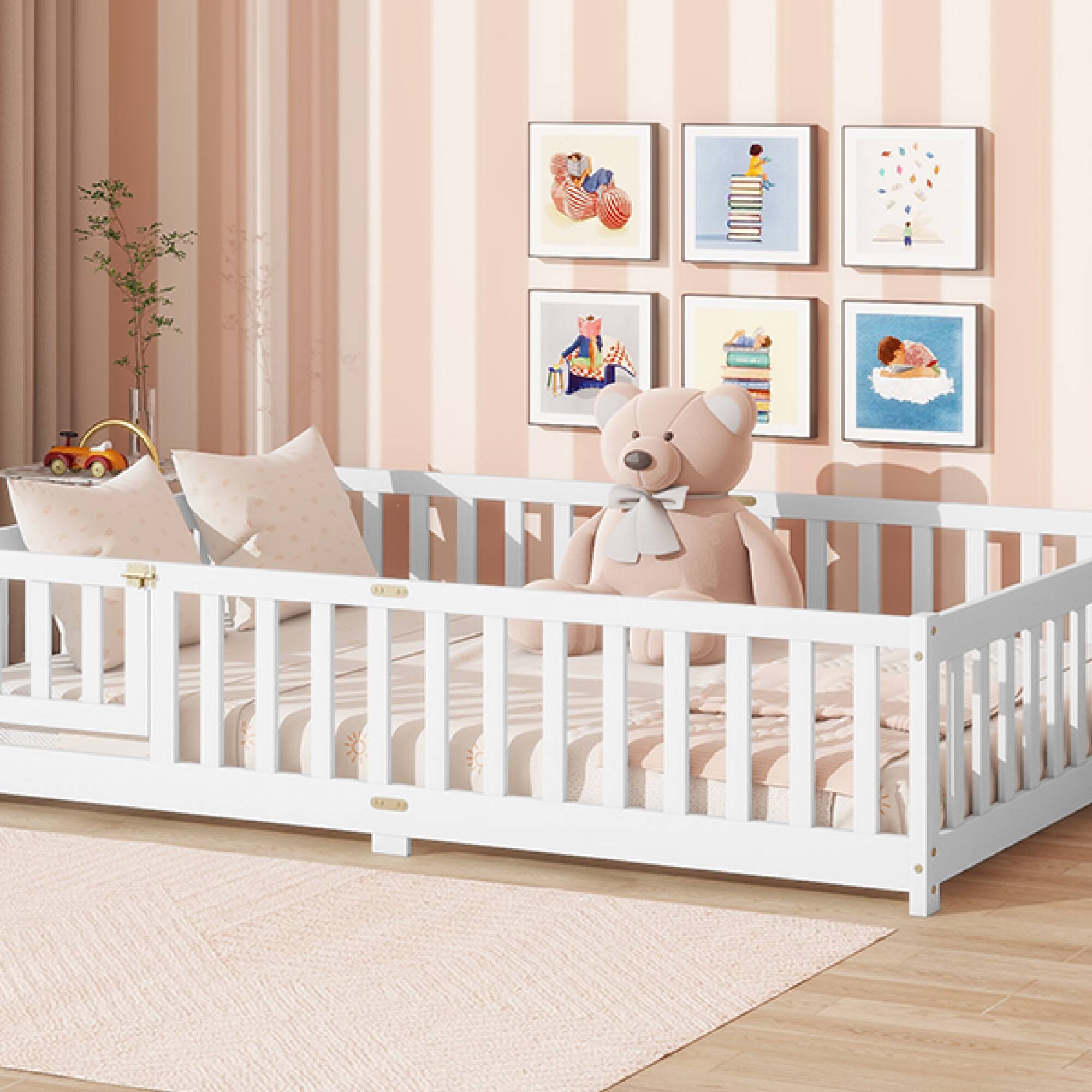 Alt View 5. GOODSILO - Full Size Floor Bed with Safety Fence and Revolving Door for Children, Sturdy Rubber Wood Construction - White.