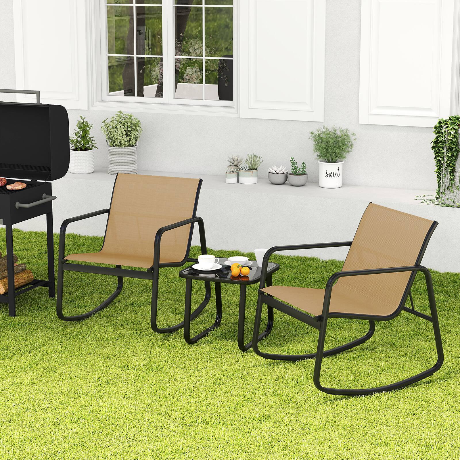 Alt View 2. Costway - Costway 3 Piece Patio Rocking Set 2 Rocking Bistro Chairs & Glass-Top Table for Porch - Black & Brown.