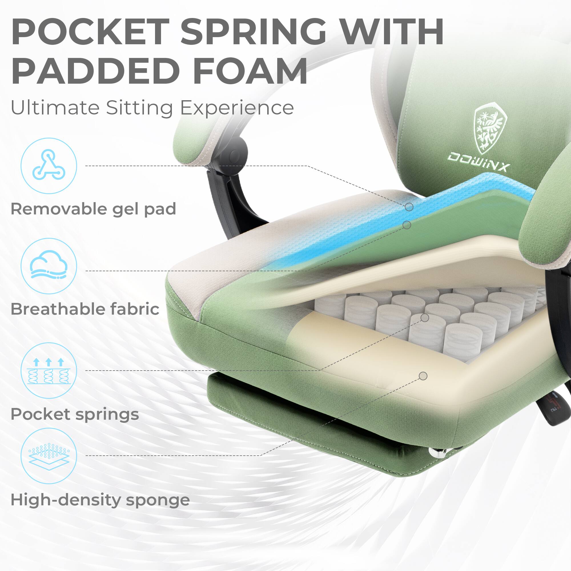 POCKET SPRING WITH PADDED FOAM  
Ultimate Sitting Experience  

- Removable gel pad  
- Breathable fabric  
- Pocket springs  
- High-density sponge