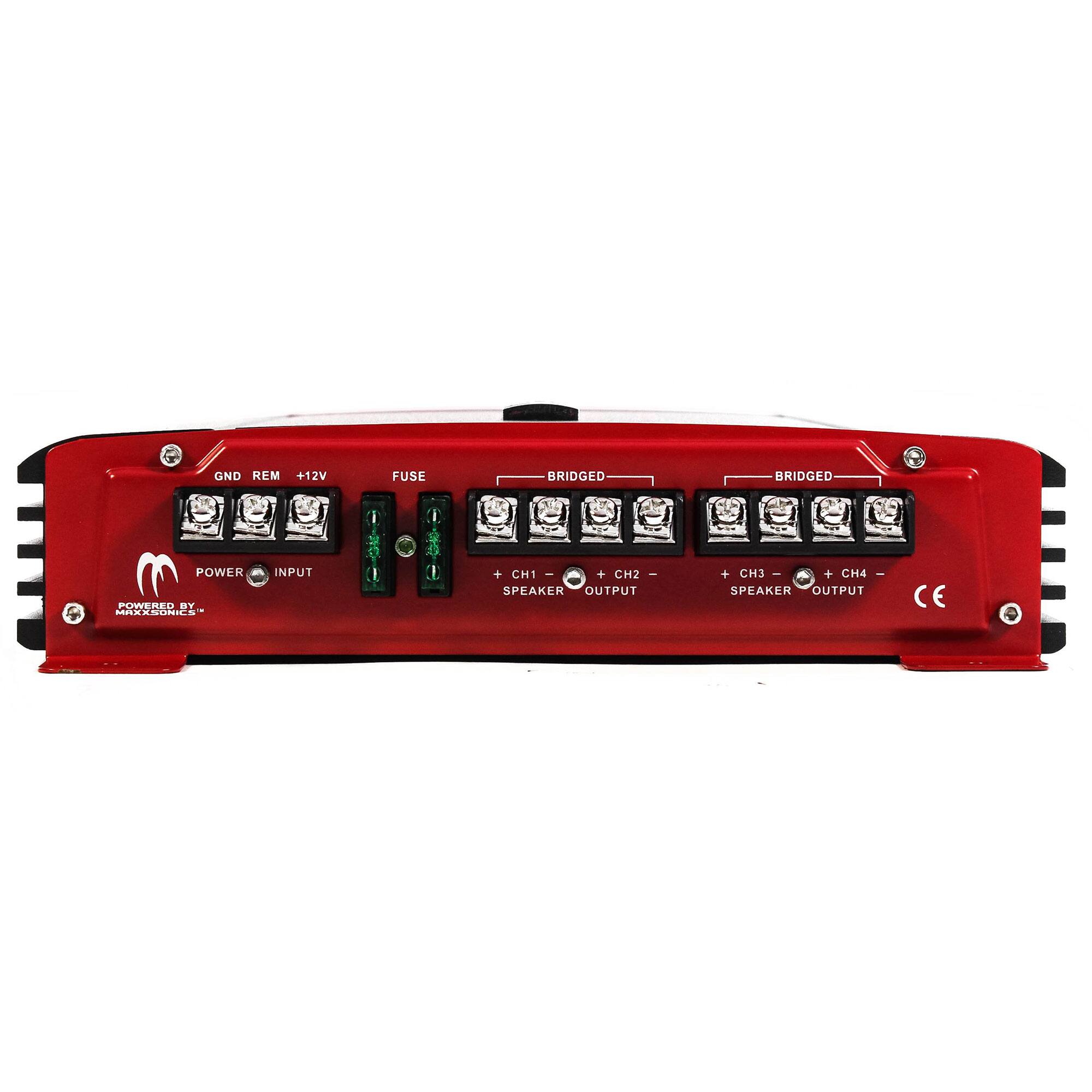 GND REM +12V  
FUSE  
POWER INPUT  
BRIDGED  
+ CH1 -  
SPEAKER OUTPUT  
BRIDGED  
+ CH2 -  
ER OUTPUT  
+ CH3 -  
SPEAKER OUTPUT  
+ CH4 -  
CE  
POWERED BY  
MASTERSERIES