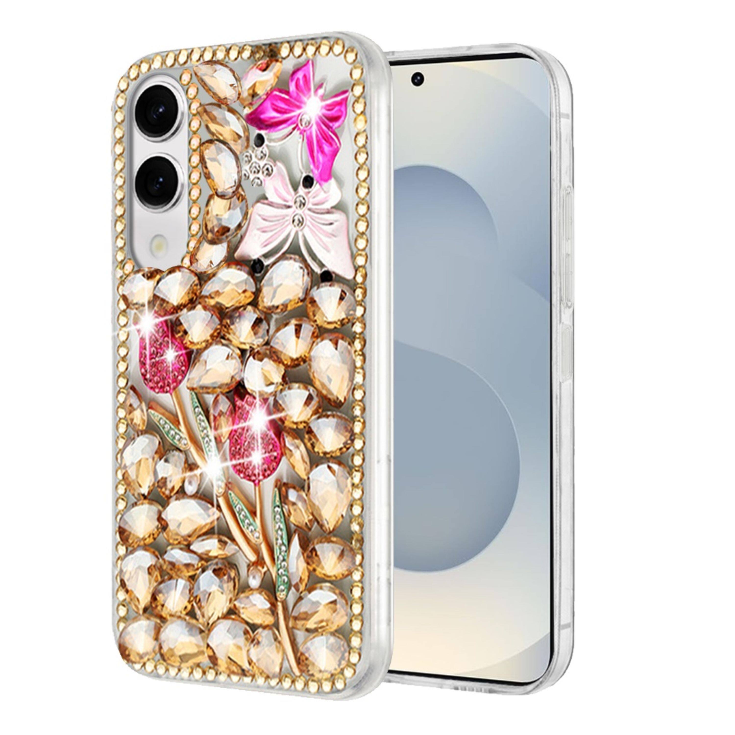 Front. Kitcheniva - Full Diamond Bling 3D Jewel Ornaments With Tempered Glass For Samsung Galaxy S25 Edge Gold Exquisite Garden - Multicolor.