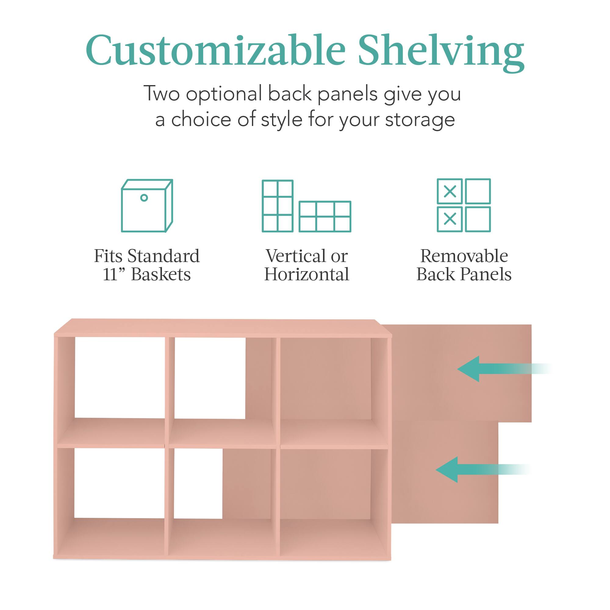 Customizable Shelving

Two optional back panels give you a choice of style for your storage.

- Fits Standard 11" Baskets
- Vertical or Horizontal
- Removable Back Panels