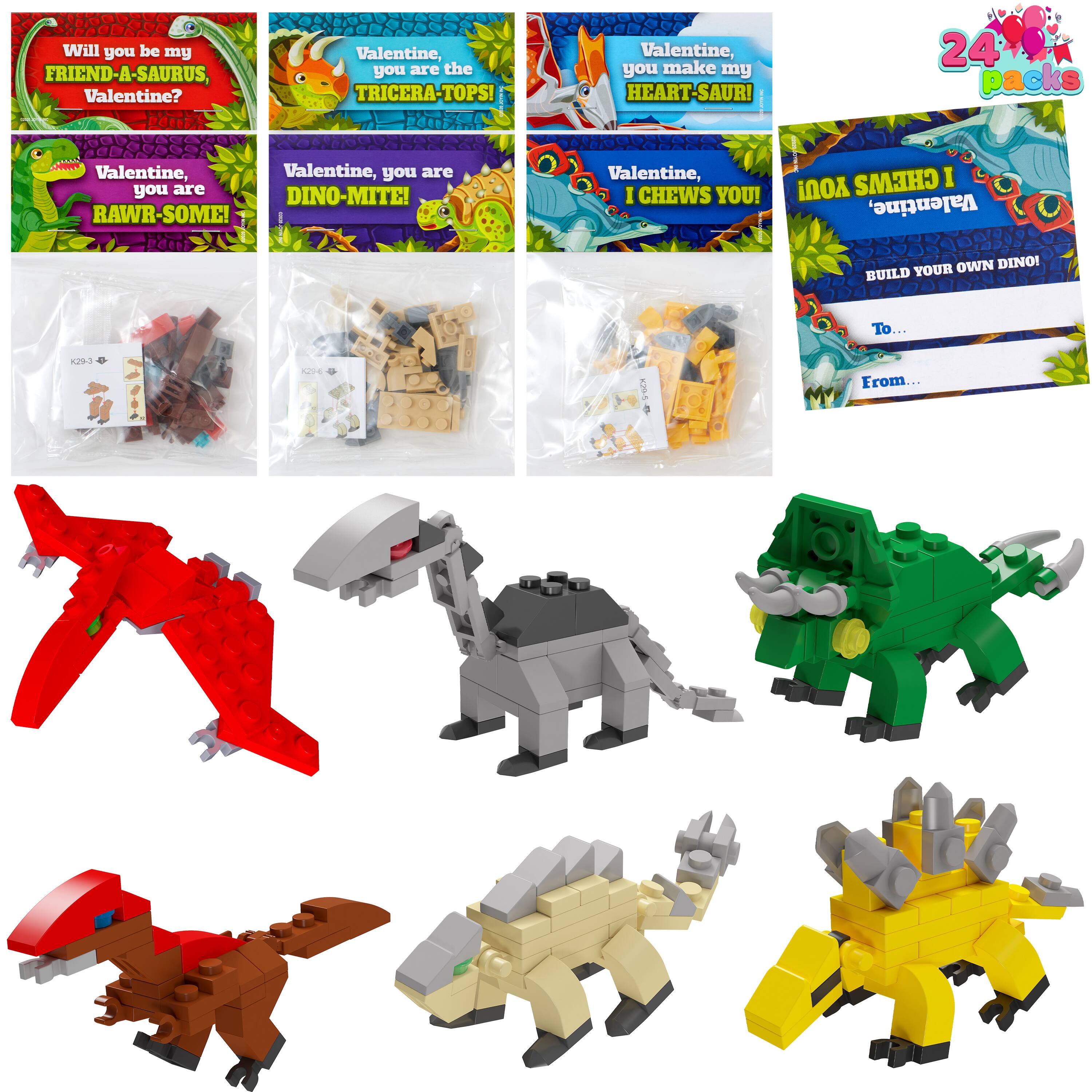 24 Packs Valentines Day Cards with Dinosaur Building Blocks for Valentine Party Favor, Classroom Exchange Prize