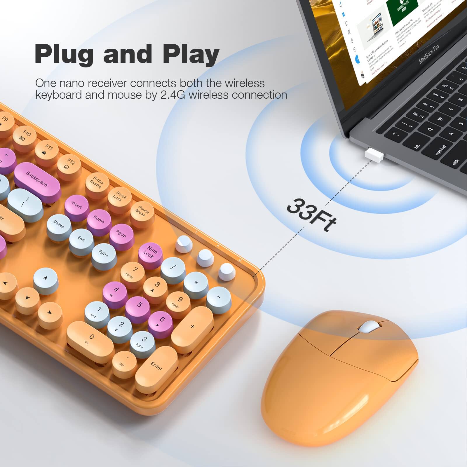 Plug and Play  
One nano receiver connects both the wireless keyboard and mouse by 2.4G wireless connection  

33Ft