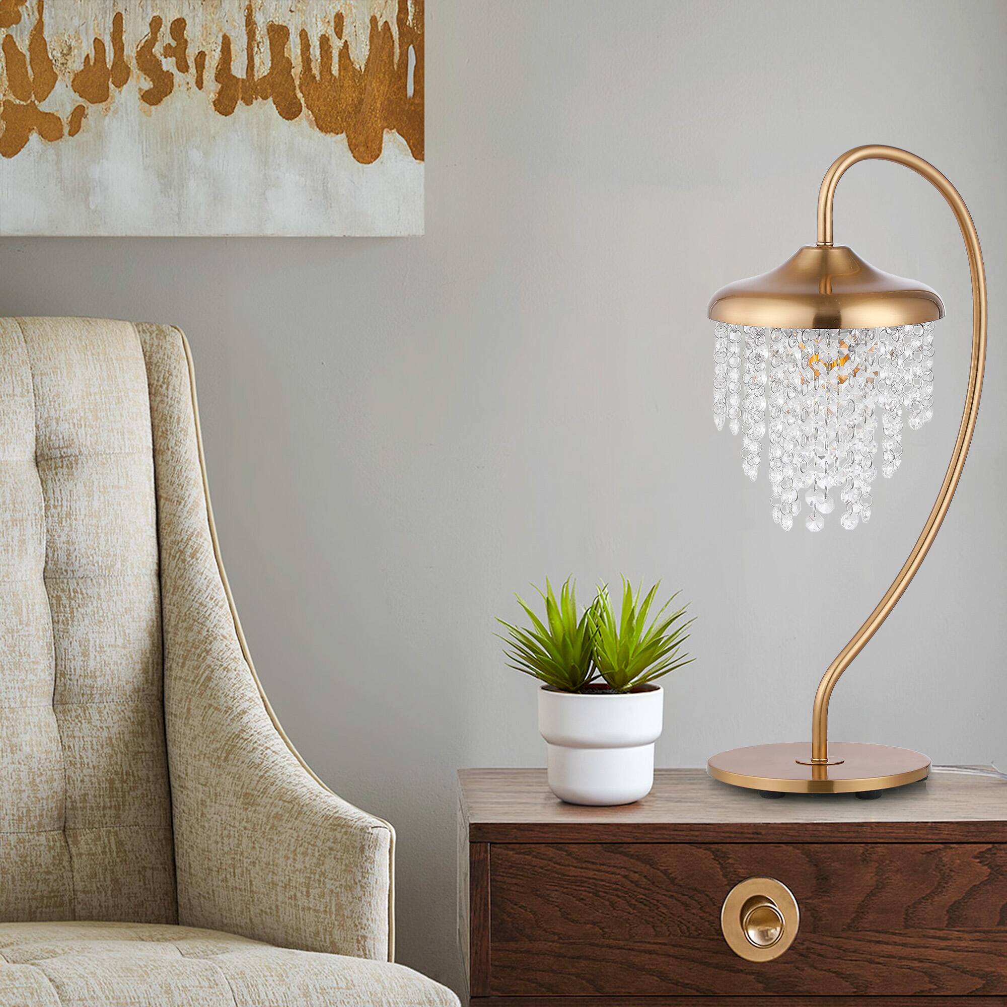 Back. Parrot Uncle - 21" Modern Arched Table Lamp with Hanging Crystal and Dimmable Switch - Gold.