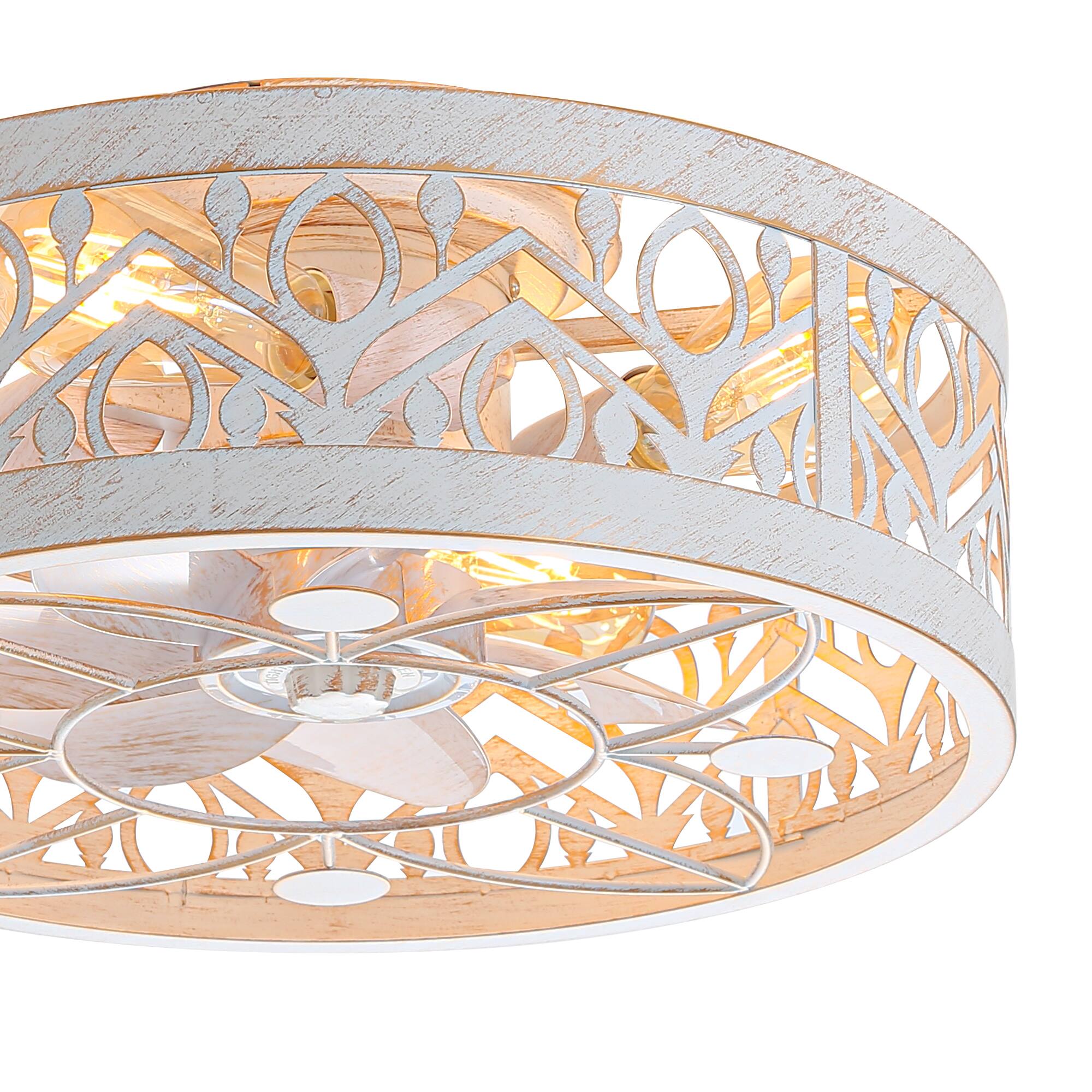 Left. Breezary - 16.5'' Indoor Caged Ceiling Fan with  7-Blade, Reversible DC Motor, 6-Speed Remote Control，1-8H Timer - Distressed White and Gold.