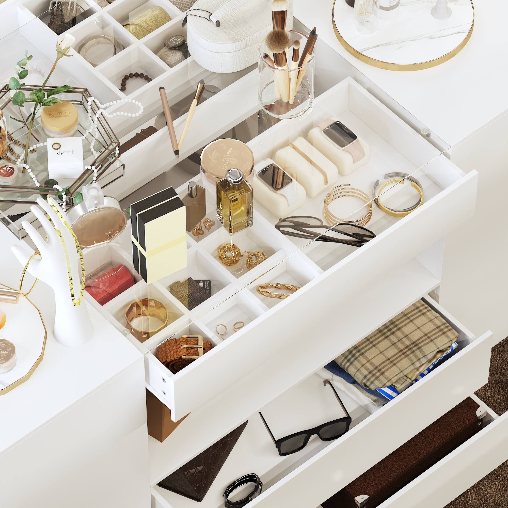 The image shows a white dresser with a drawer open, revealing various items such as a pair of glasses, a handbag, a cell phone, and a book. The drawer is filled with various objects, including a pair of scissors, a bottle, and a vase. The dresser also has a potted plant and a clock on it. The items are organized in the drawer, making it easy to find and access them.