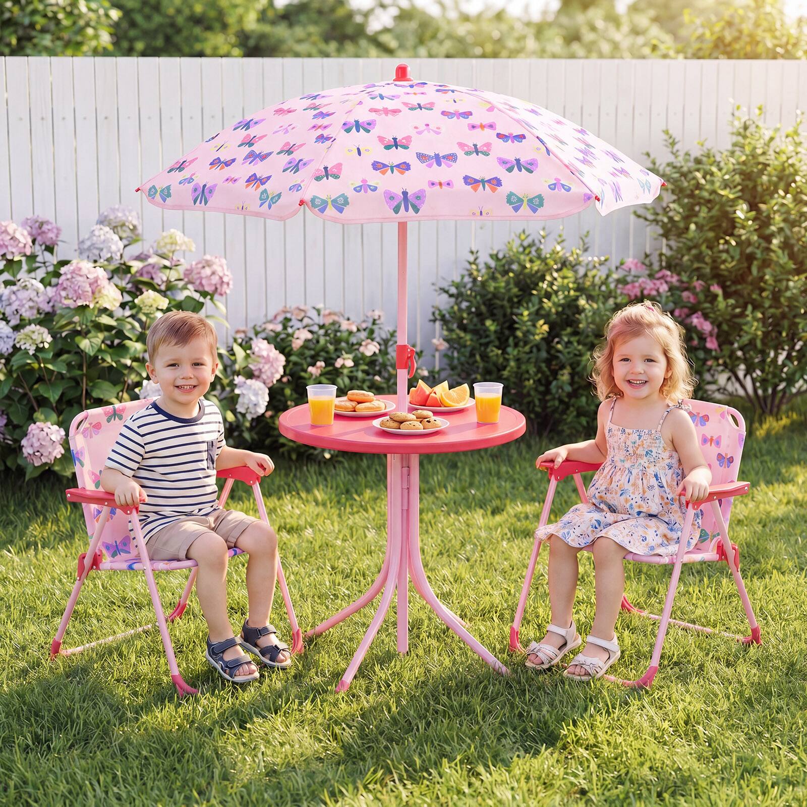 Alt View 3. Gymax - Gymax Kids Picnic Table Outdoor Table&Chair Set 2 Folding Chairs&Adjustable Umbrella Pink - Pink.