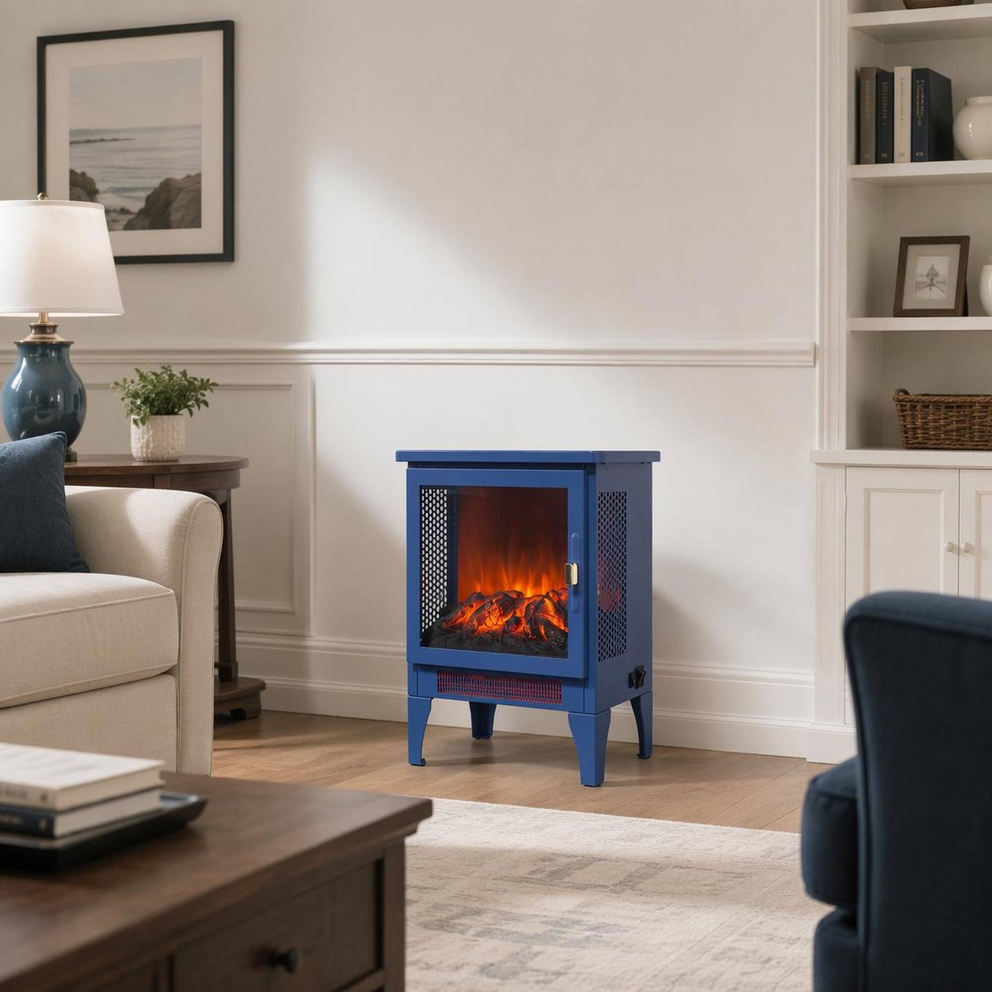 Angle. RYHNUYNE - 18 Inch Freestanding Electric Fireplace Stove Heater with 3D Flame Effect for Living Room Bedroom Home Office - Aqua Blue.