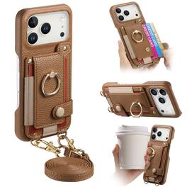 Dteck - Lychee Texture Wallet Case for Apple iPhone 17 Pro Max with Ring Stand,Crossbody Faux Leather Cover with Card Holder - Brown