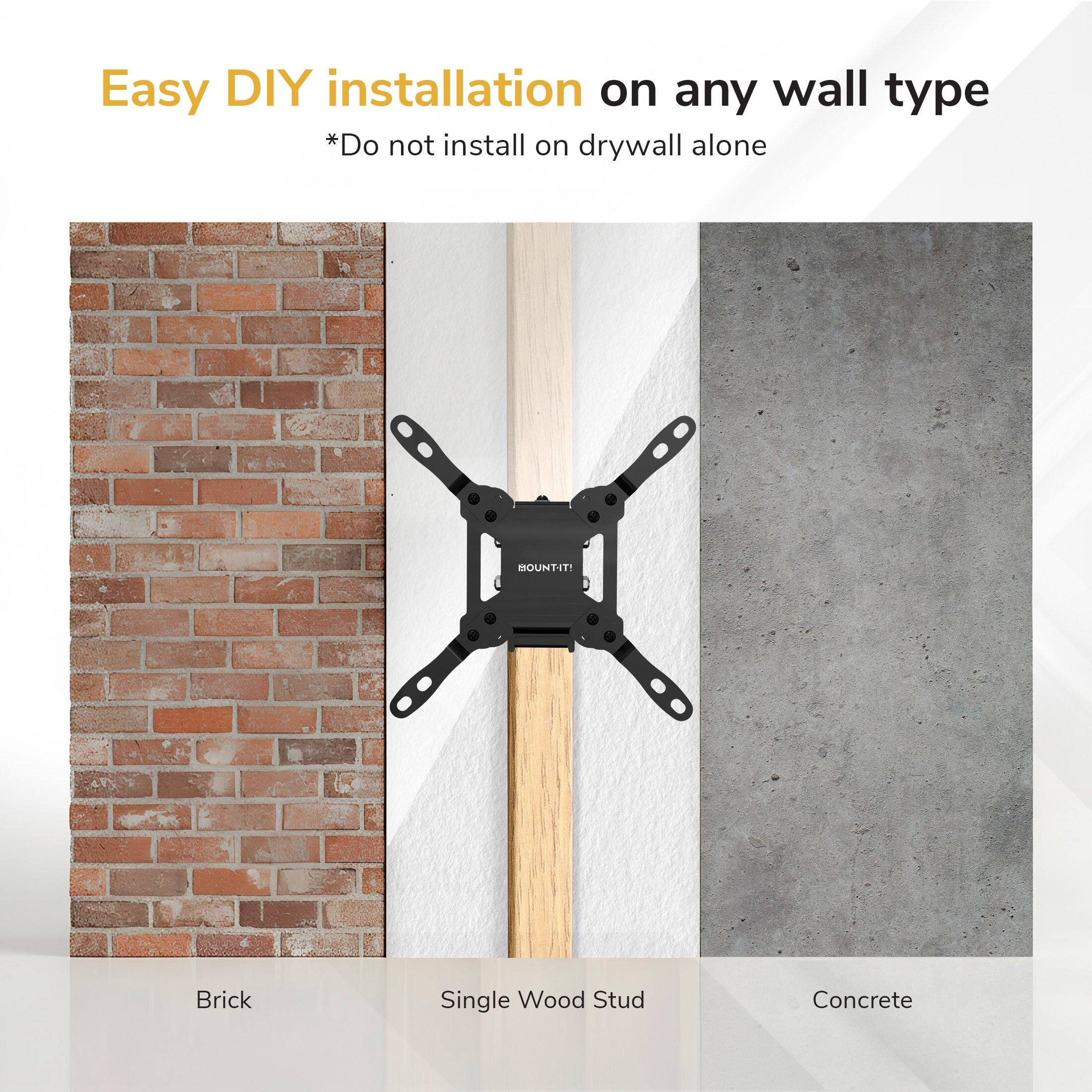 Easy DIY installation on any wall type  
*Do not install on drywall alone  

Brick  
Single Wood Stud  
Concrete