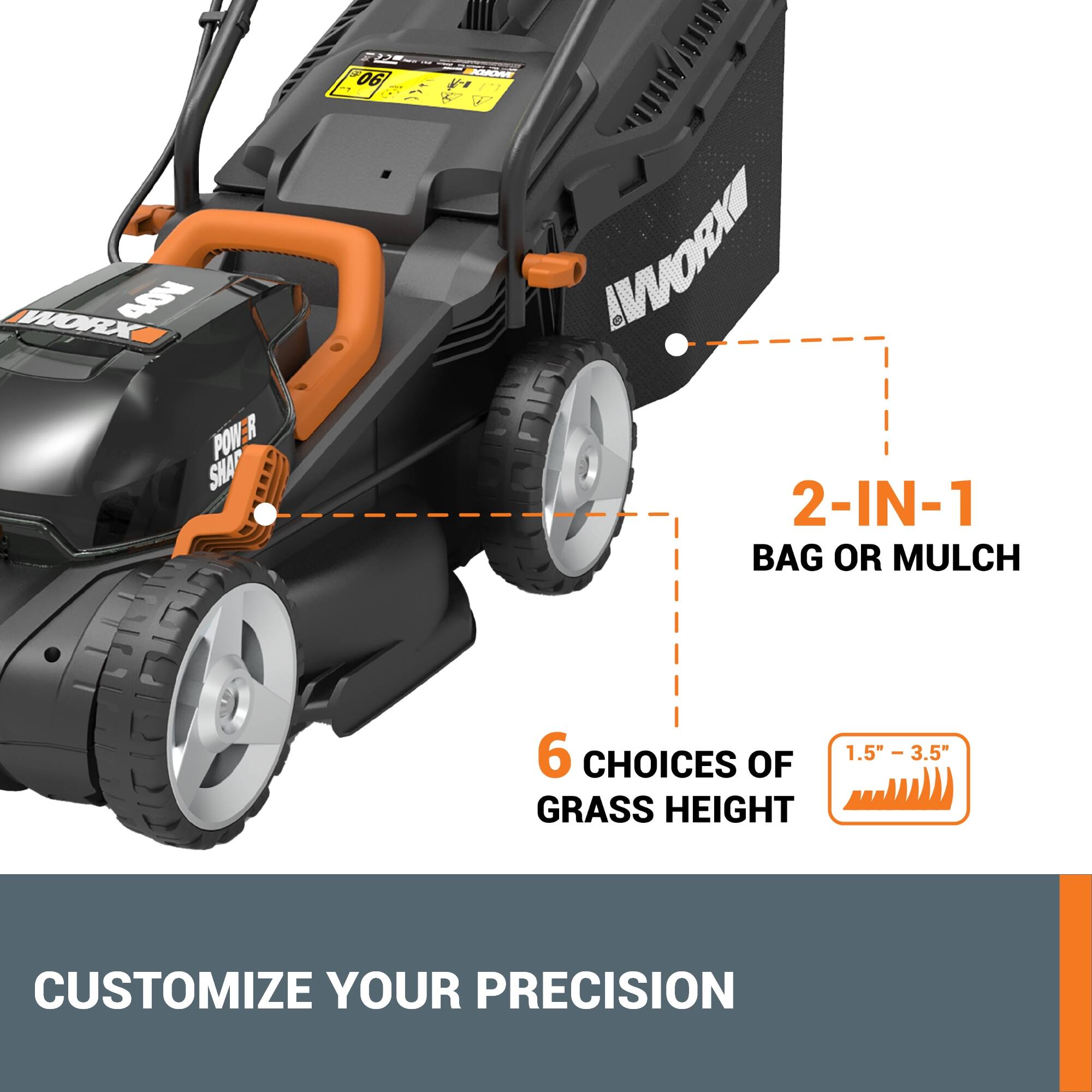 WORX AON POWER SHARP  
2-IN-1 BAG OR MULCH  
6 CHOICES OF GRASS HEIGHT (1.5" - 3.5")  
CUSTOMIZE YOUR PRECISION