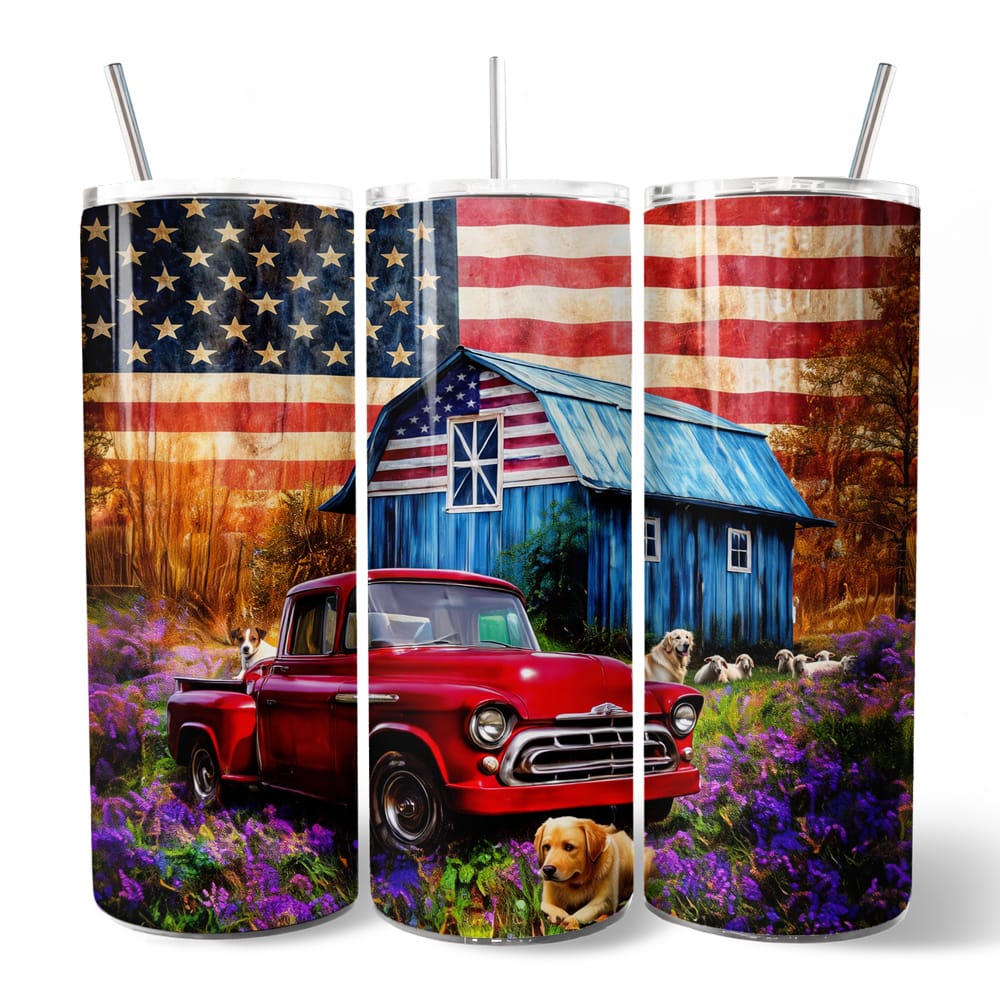 OrnamentallyYou - Rustic Old Red Truck and Country Barn 20oz Tumbler With Lid and Stainless Steel Straw - Multicolored