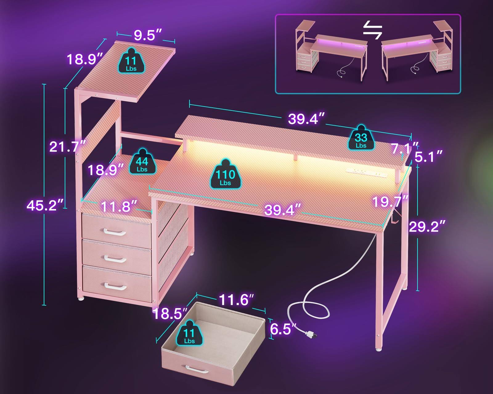 18.9"  
9.5"  
11 Lbs  
21.7"  
44 Lbs  
18.9"  
110 Lbs  
39.4"  
33 Lbs  
7.1"  
5.1"  
45.2"  
11.8"  
39.4"  
19.7"  
29.2"  
18.5"  
11 Lbs  
11.6"  
6.5"