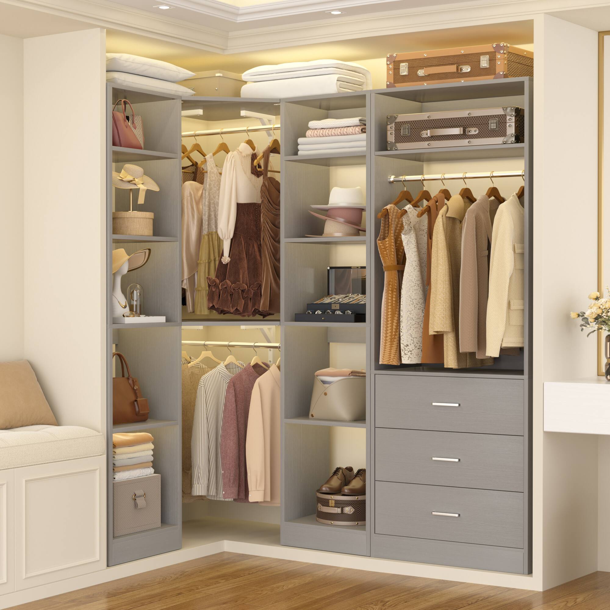 Angle. Aheaplus - L-Shaped Corner Closet: 3 Drawers + 13 Shelves, 2000lb Capacity ,Space-Saving Walk-in Organizer,Ships in 2 or 3 packages - Gray.