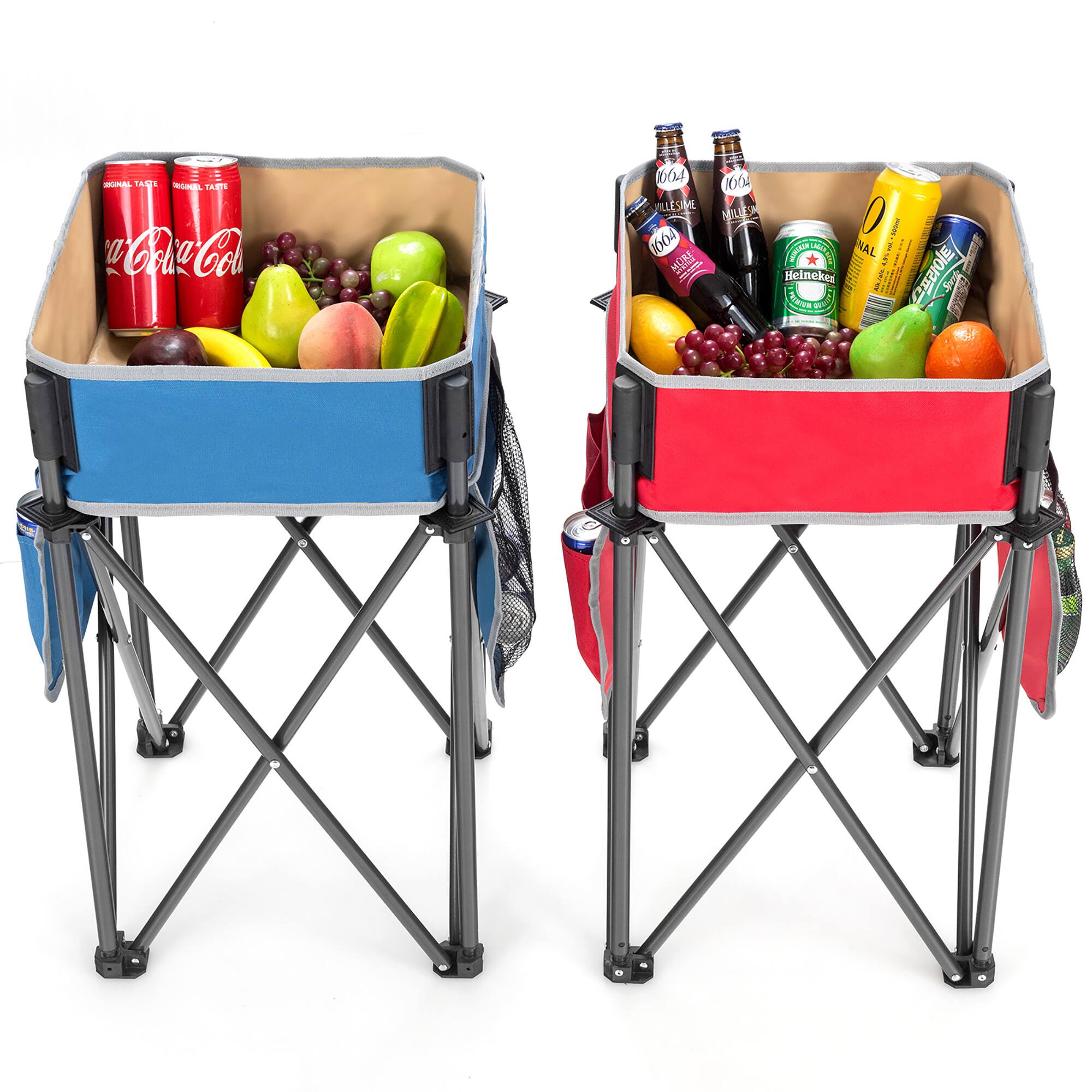 The image features two stands with various food items and drinks on them. The items include apples, oranges, grapes, and a bottle of Coca-Cola. The stands are filled with a variety of food and drinks, making them a convenient way to store and display these items.