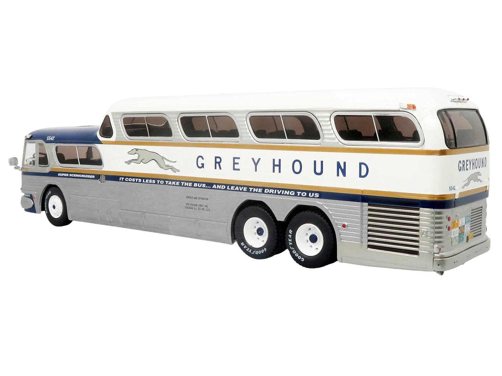 5542 SUPER SCENICRUISER  
GREYHOUND  
IT COSTS LESS TO TAKE THE BUS... AND LEAVE THE DRIVING TO US  
DN a SPLRATA DETAONG I - LRLAUO  
u om 12 YEAR COODLAEVA GOODEYEAR  
GREYHOUND 554L
