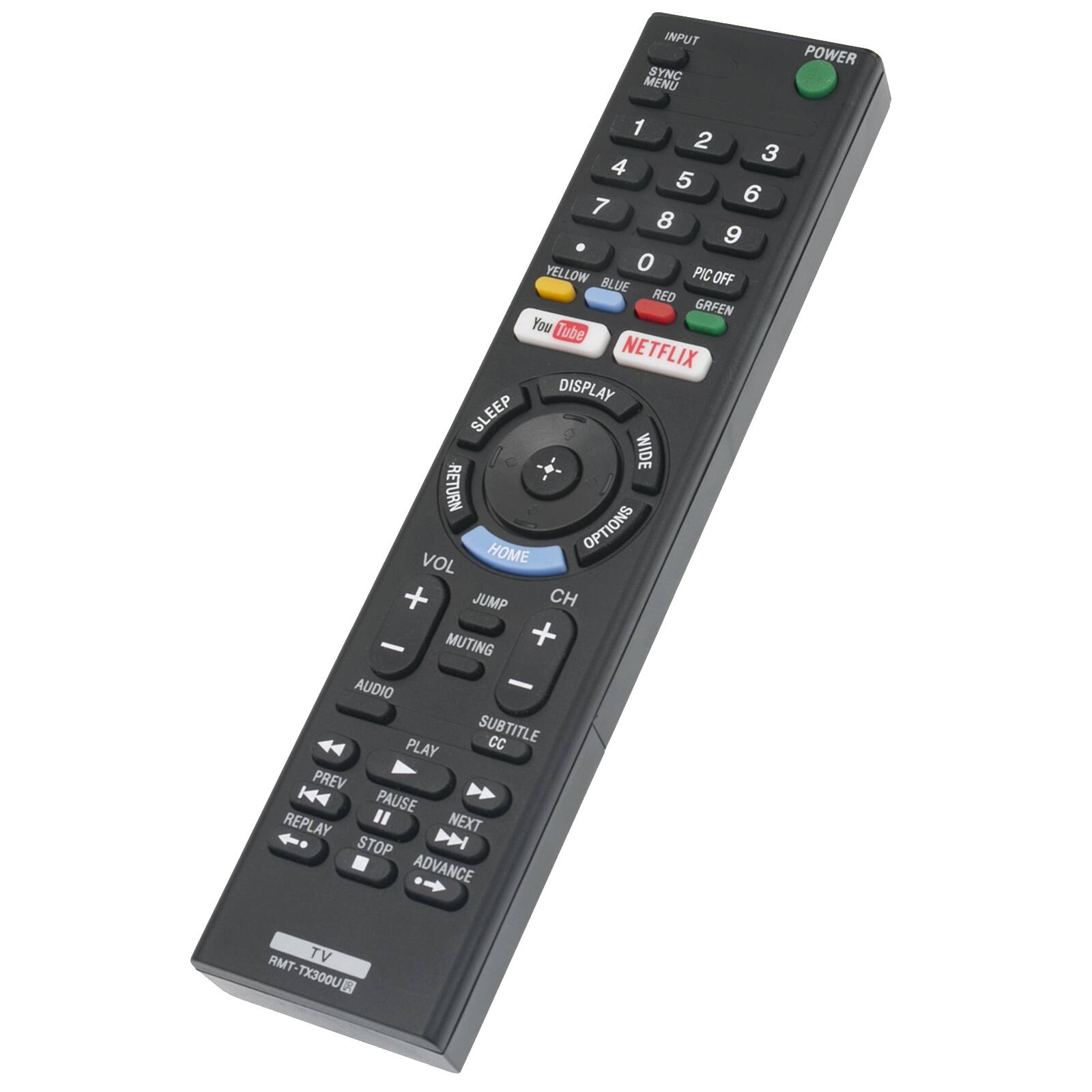INPUT SYNC MENU POWER 1 2 3 4 5 6 7 8 9 0 PIC YELLOW BLUE IC OFF RED GREEN You Tube NETFLIX DISPLAY SLEEP WIDE RETURN HOME OPTIONS VOL + JUMP CH - MUTING + AUDIO - SUBTITLE CC PLAY PREV H4 PAUSE REPLAY " NEXT STOP ADVANCE RMT TV RMT-TX300U