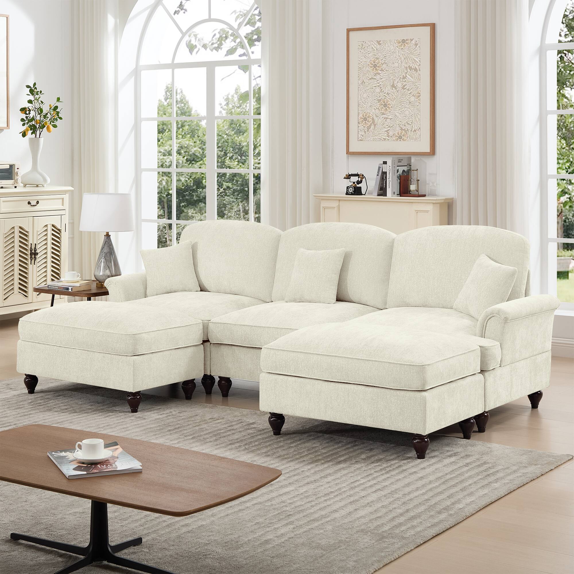 Angle. Anysun - Classic U-Shape Chenille Sectional Sofa with Ottomans - Flared Arms, Ruffled Skirt & Spindle Legs, Deep Cloud Seat - Beige.