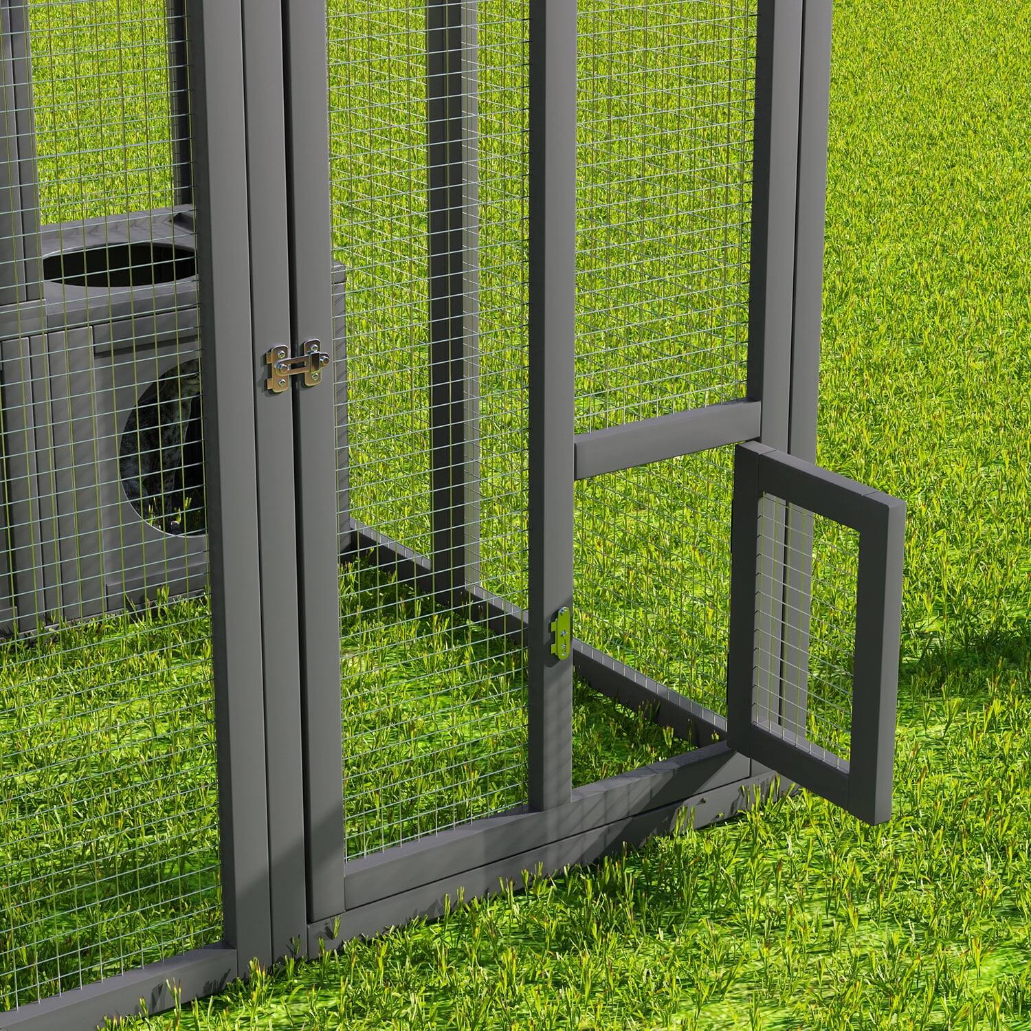 Angle. Pefilos - 43" Weatherproof Pine Wood Cat Enclosure with Double Doors & Shelves, Outdoor Cat Playhouse with 7 Combination Boxes.