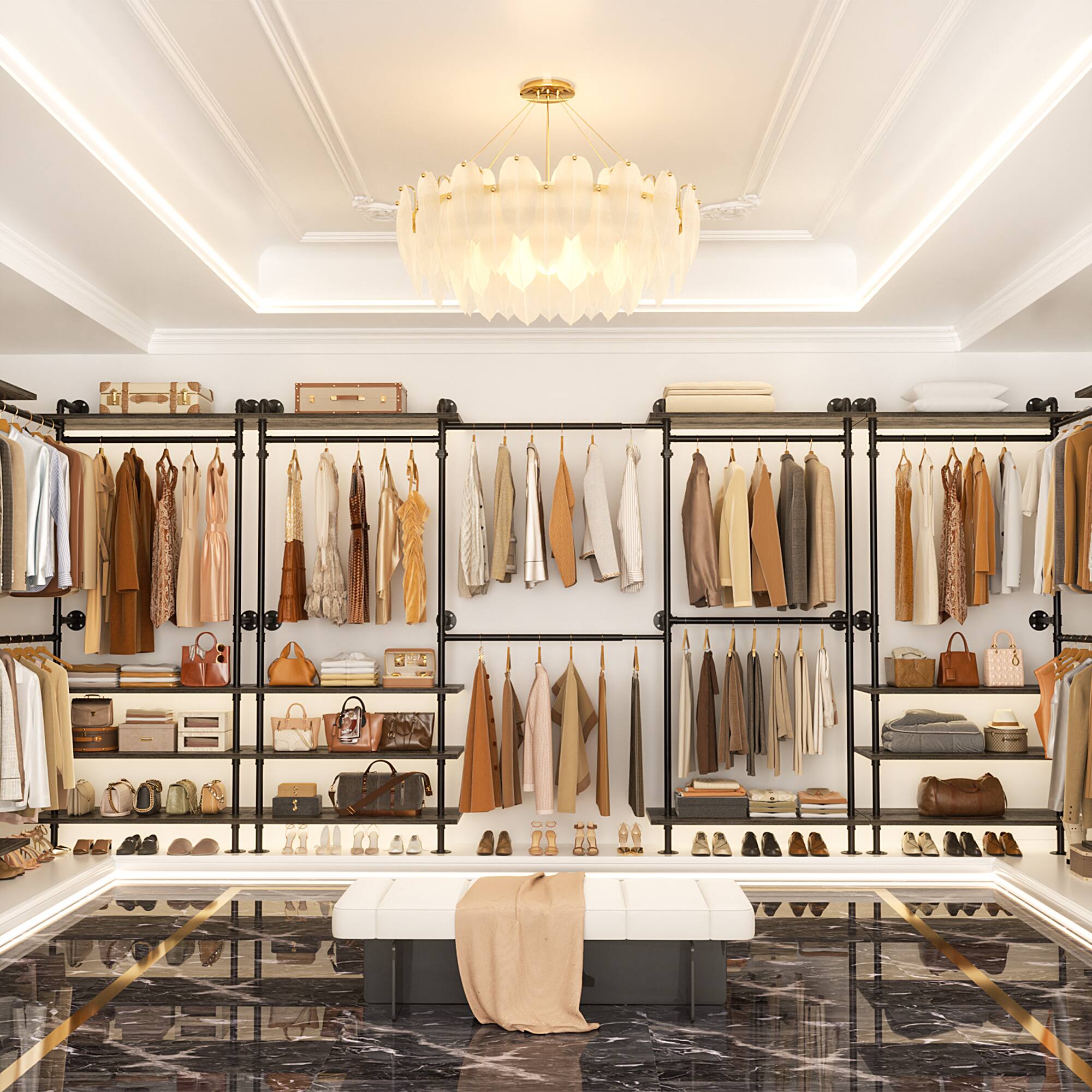 Alt View 3. Aheaplus - Wall-Mounted Pipe Clothing Rack with Shelves, Width Adjustable Garment Rack, L-Shaped/Straight Reversible - Gray Oak.