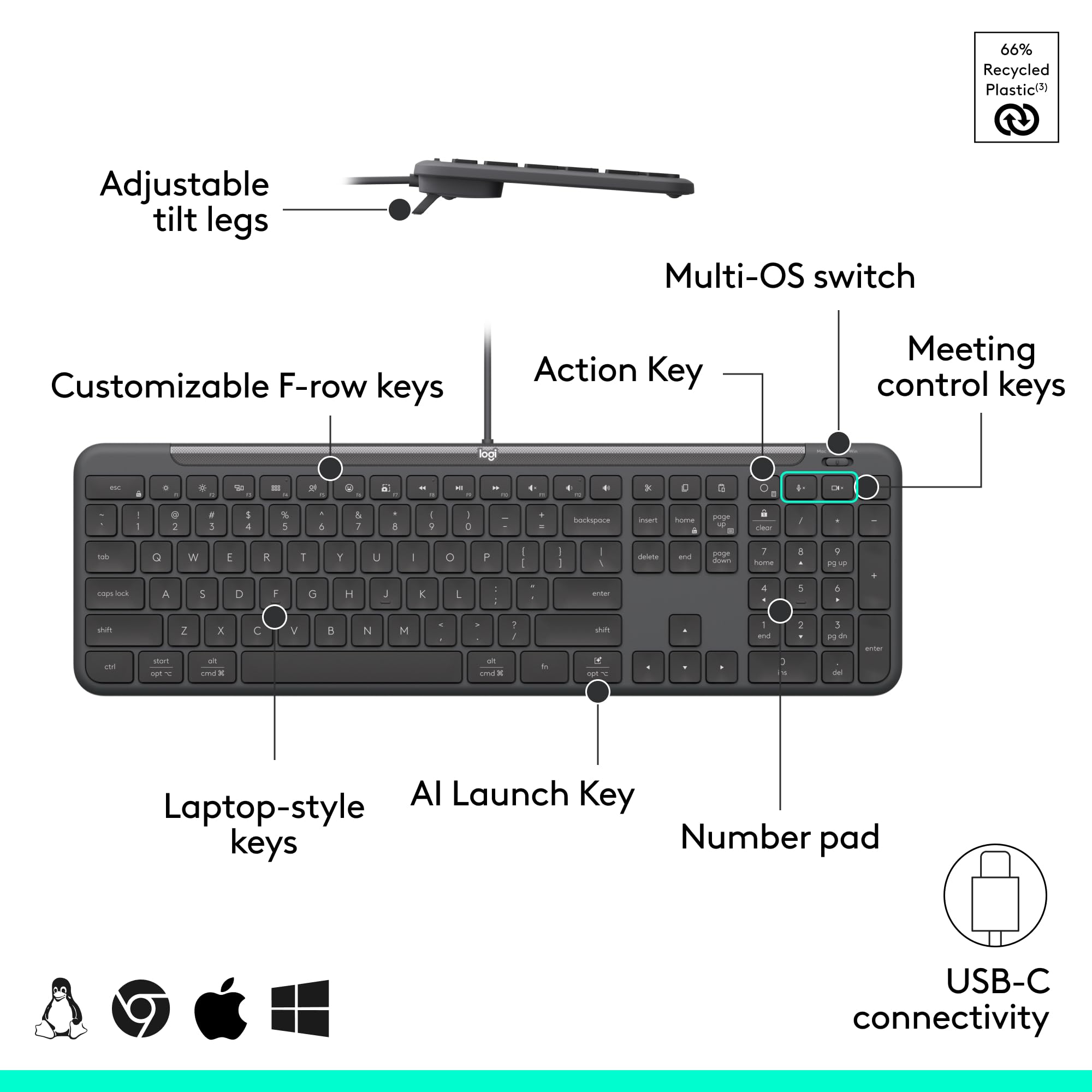 66% Recycled Plastic  
Adjustable tilt legs  
Multi-OS switch  
Customizable F-row keys  
Action Key  
Meeting control keys  
AI Launch Key  
Laptop-style keys  
Number pad  
USB-C connectivity