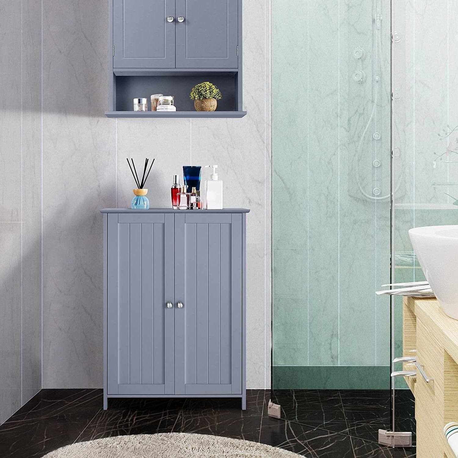 Angle. Hivvago - Gray Wood 2-Door Freestanding Bathroom Floor Cabinet Kitchen Storage Cupboard - Grey.
