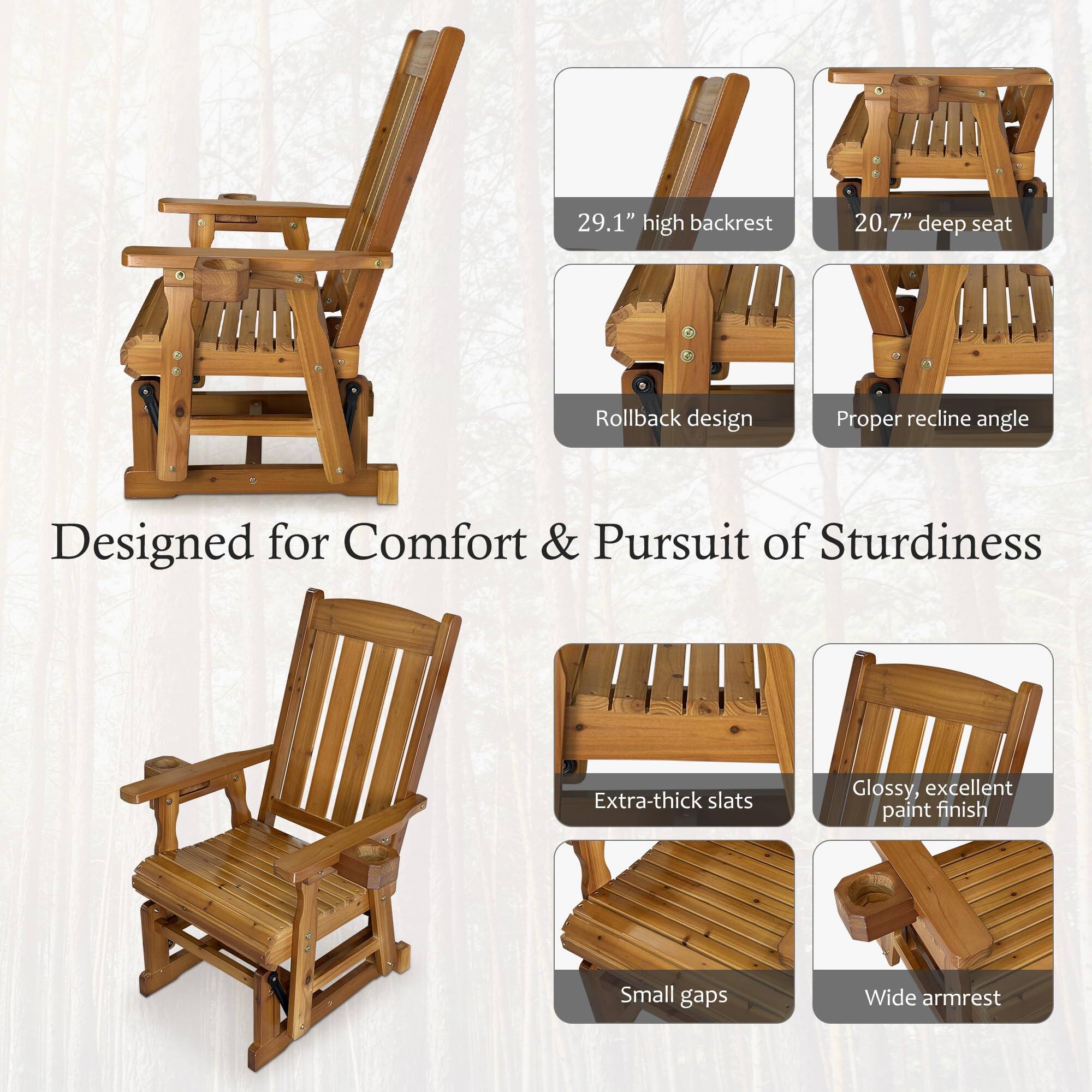 Designed for Comfort & Pursuit of Sturdiness

- 29.1" high backrest
- 20.7" deep seat
- Rollback design
- Proper recline angle
- Extra-thick slats
- Glossy, excellent paint finish
- Small gaps
- Wide armrest