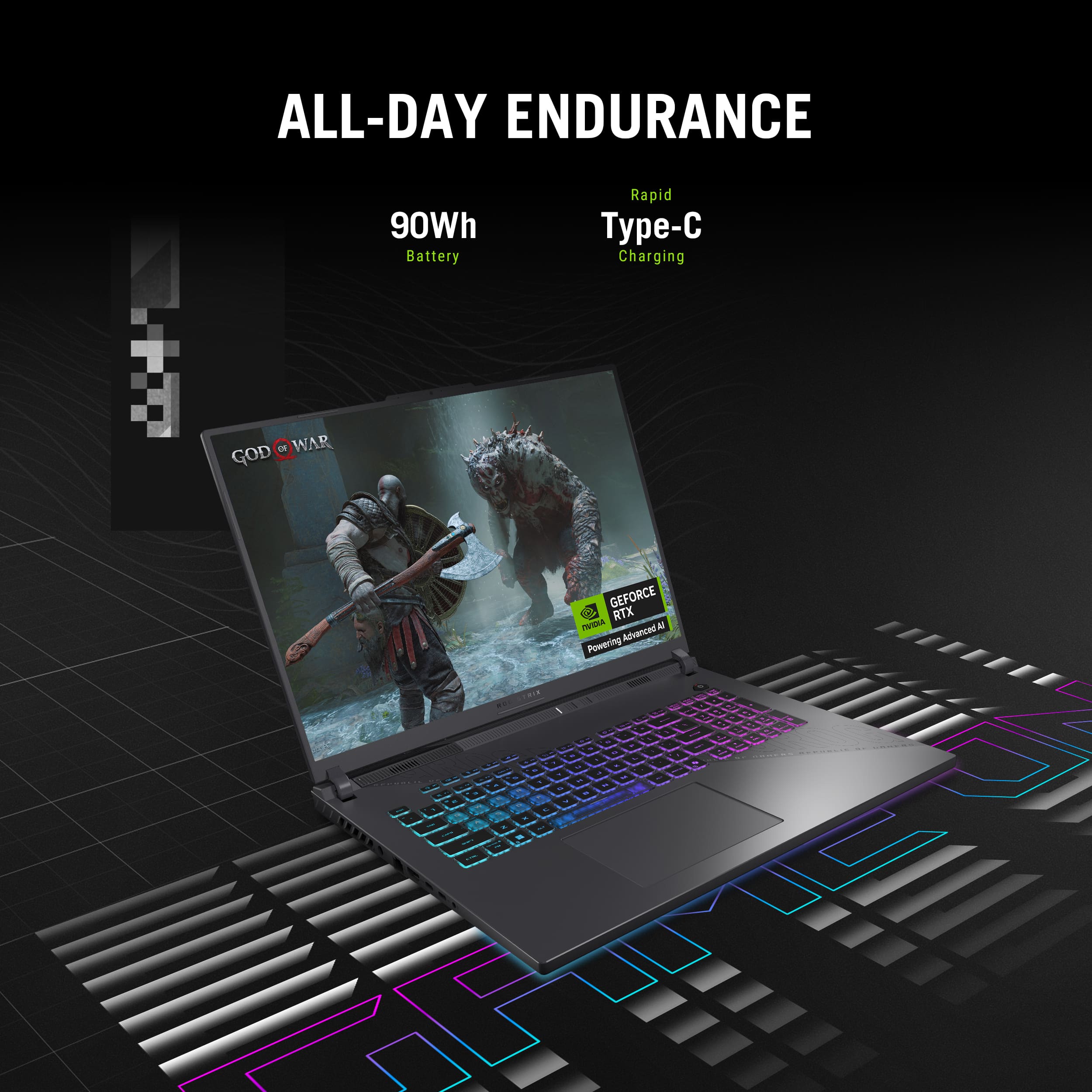 ALL-DAY ENDURANCE
90Wh Battery
Rapid Type-C Charging
GOD WAR
GEFORCE RTX
Powering Advanced AI