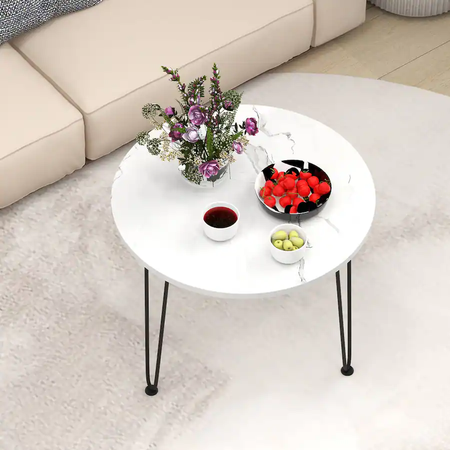 Costway Small Round Coffee Table w/ Thickened Tabletop & Metal Tripod ...